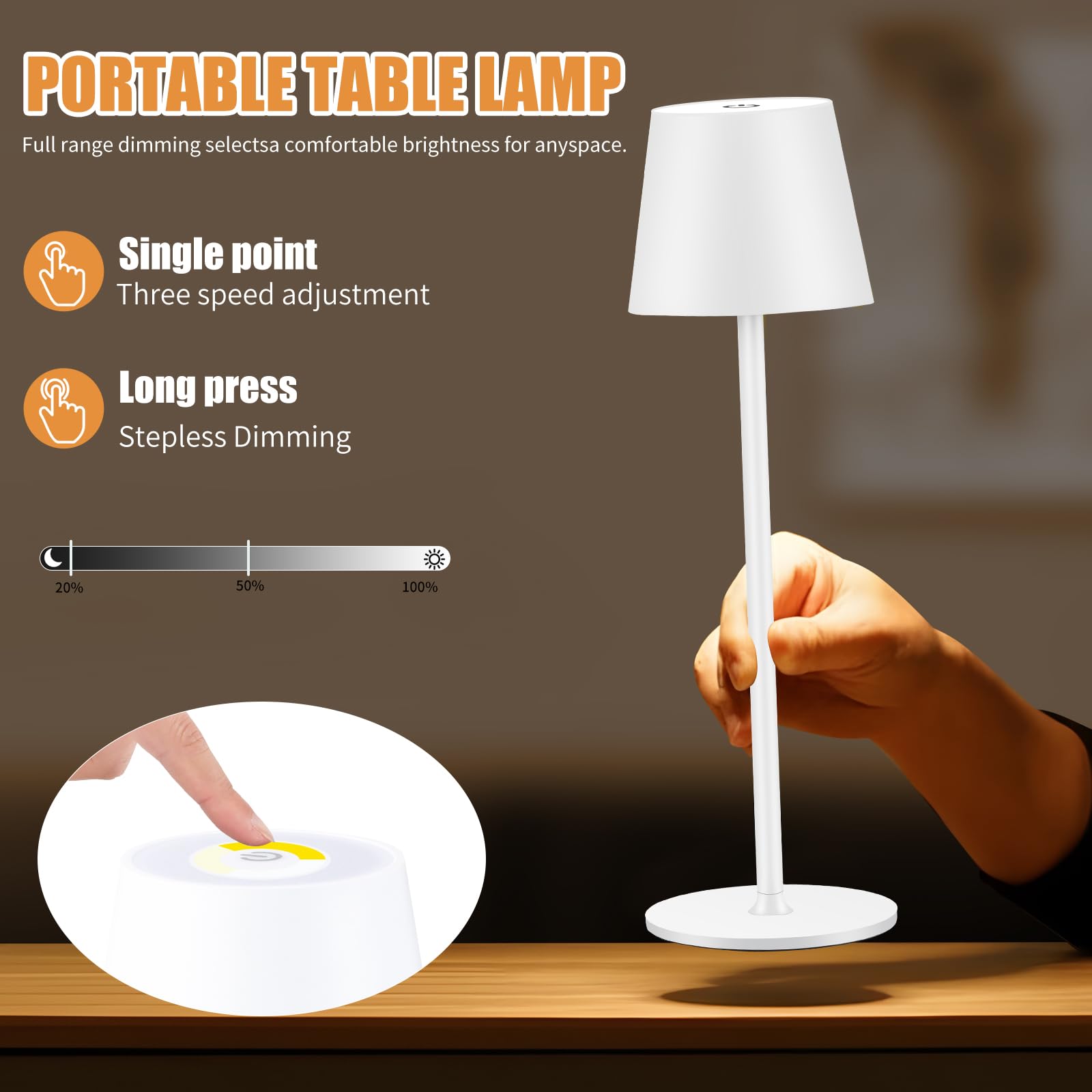 Zoeger Cordless Table Lamp, Portable LED, 6000mAh Battery, 3 Color Dimming, 13 inches, White, Model DD2White