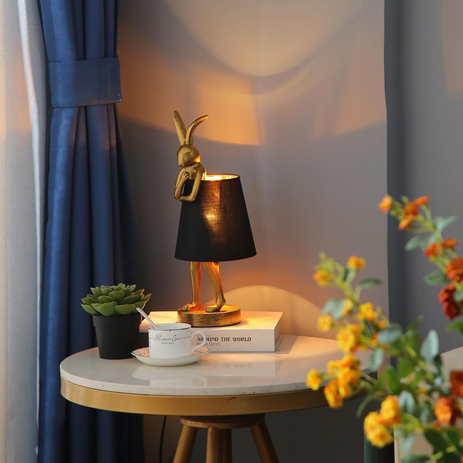 YHT Bunny Table Lamp,Cute Animal Rabbit Lamp,15.7 Vintage LED Desk Light with Linen Lampshade,Gold Main Part Beside Lamp for Bed