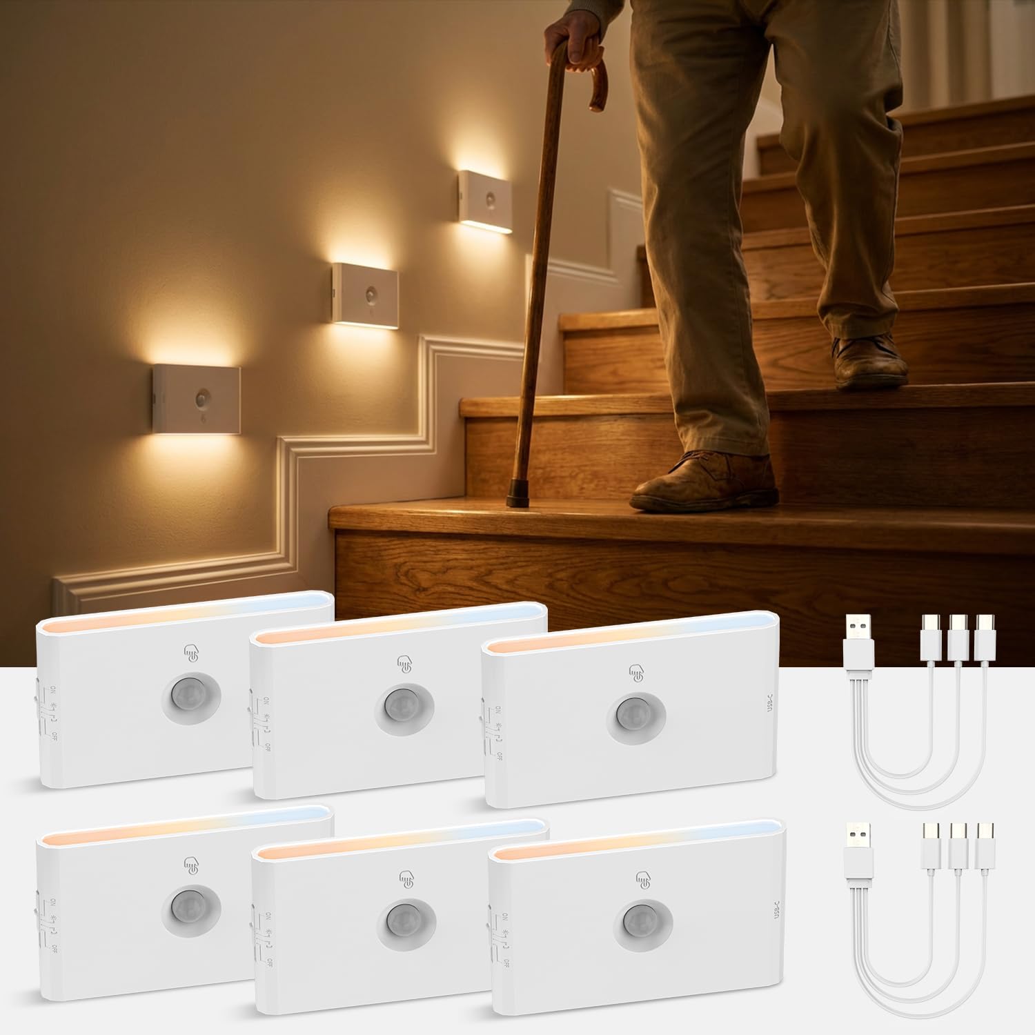 wowatt Rechargeable Motion Sensor Stair Light, White Night Lights with Magnetic Mount, Dimmable Stair Lights Indoor for Stairway