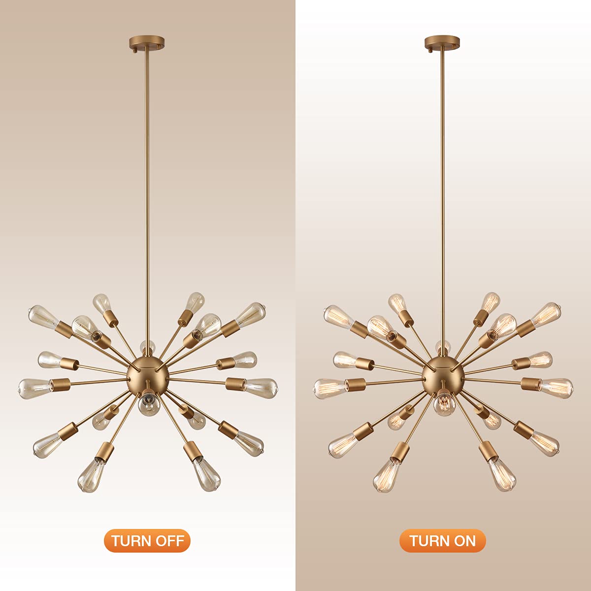 Mirrea Vintage Metal Dimmable Sputnik Chandelier, 18 Lights, Brushed Brass Finish