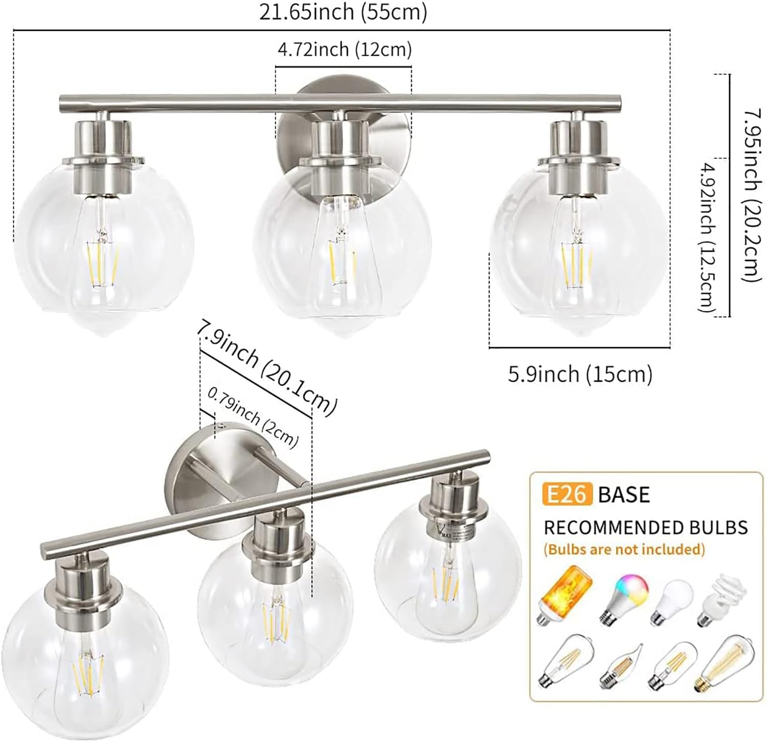 Lanmate Bathroom Vanity Light Fixture, 3-Light with Clear Glass Shade, 22 inch, Modern Brushed Nickel, Model 1746