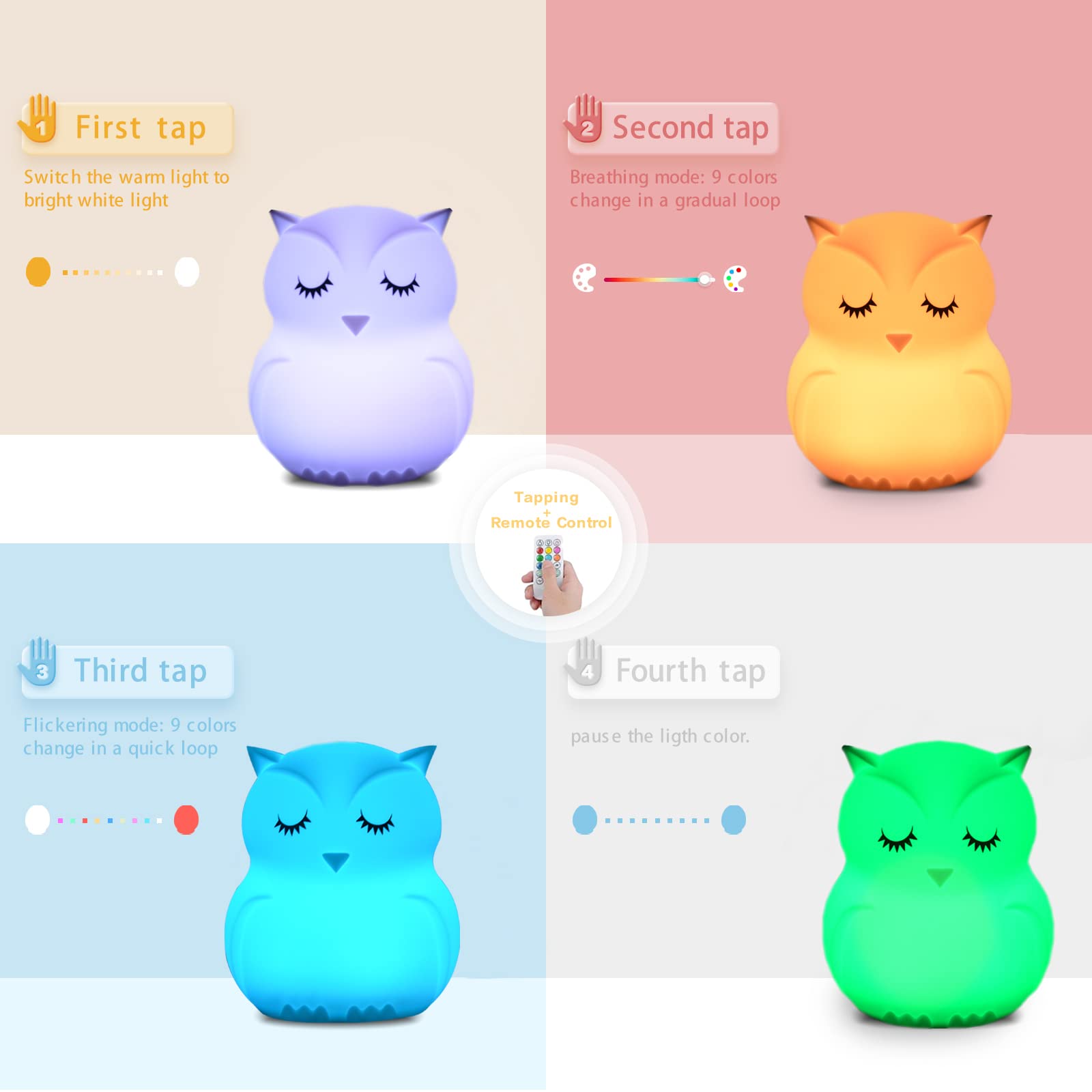 WHA&DARREN Large Owl Night Light for Kids,Cute Baby Night Light, Silicone Bedside Lamp, Sleep Lights, Eye Caring, Adjustable Bri