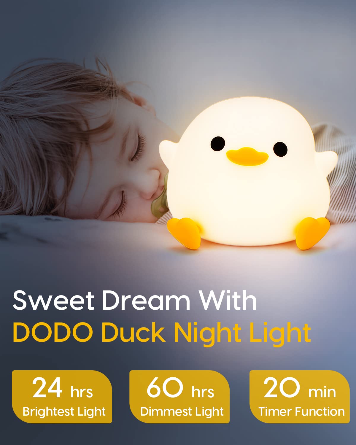 Amaredom DoDo Duck Night Light - Silicone Dimmable LED Lamp, Rechargeable with Timer, Cute Design for Bedrooms & Living Room