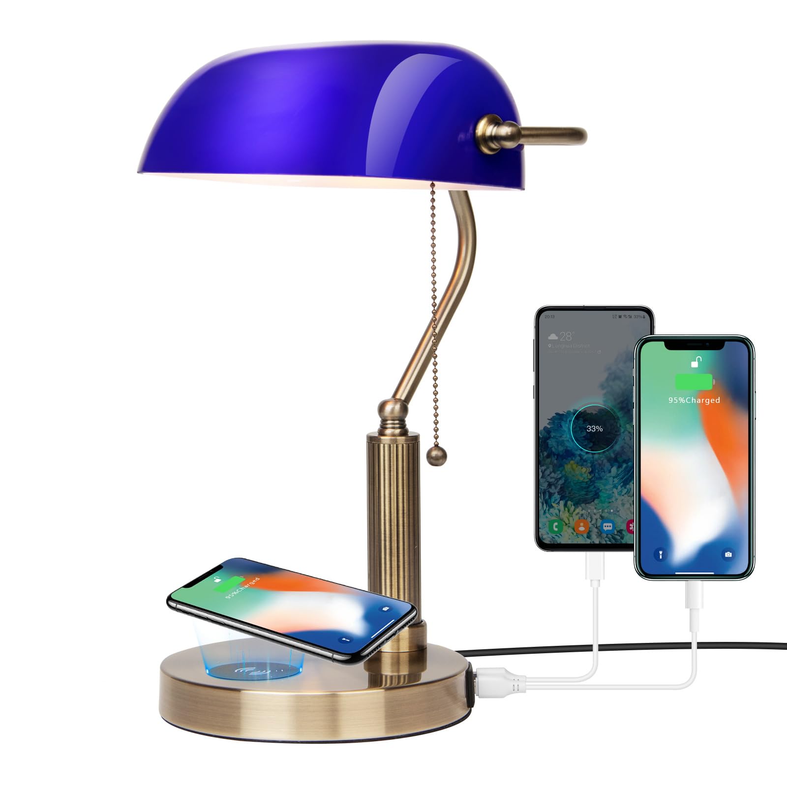 FIRVRE Bankers Lamp with2 USB and Wireless Charging Port,Pull Chain Switch Blue Glass Desk Lamp, E26 Base,Traditional Library De
