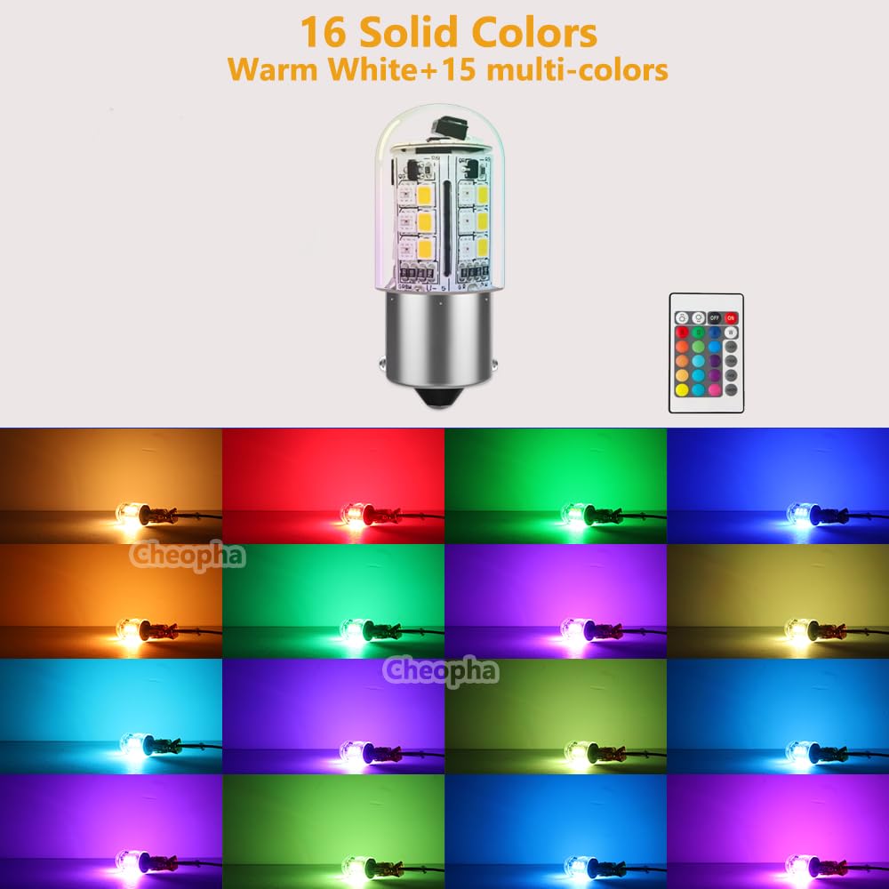 Cheopha 3W BA15S RGB Color Changing LED Bulb, 12V, Glass, RGB+Warm White, 2-Pack for Christmas & Landscape Lighting