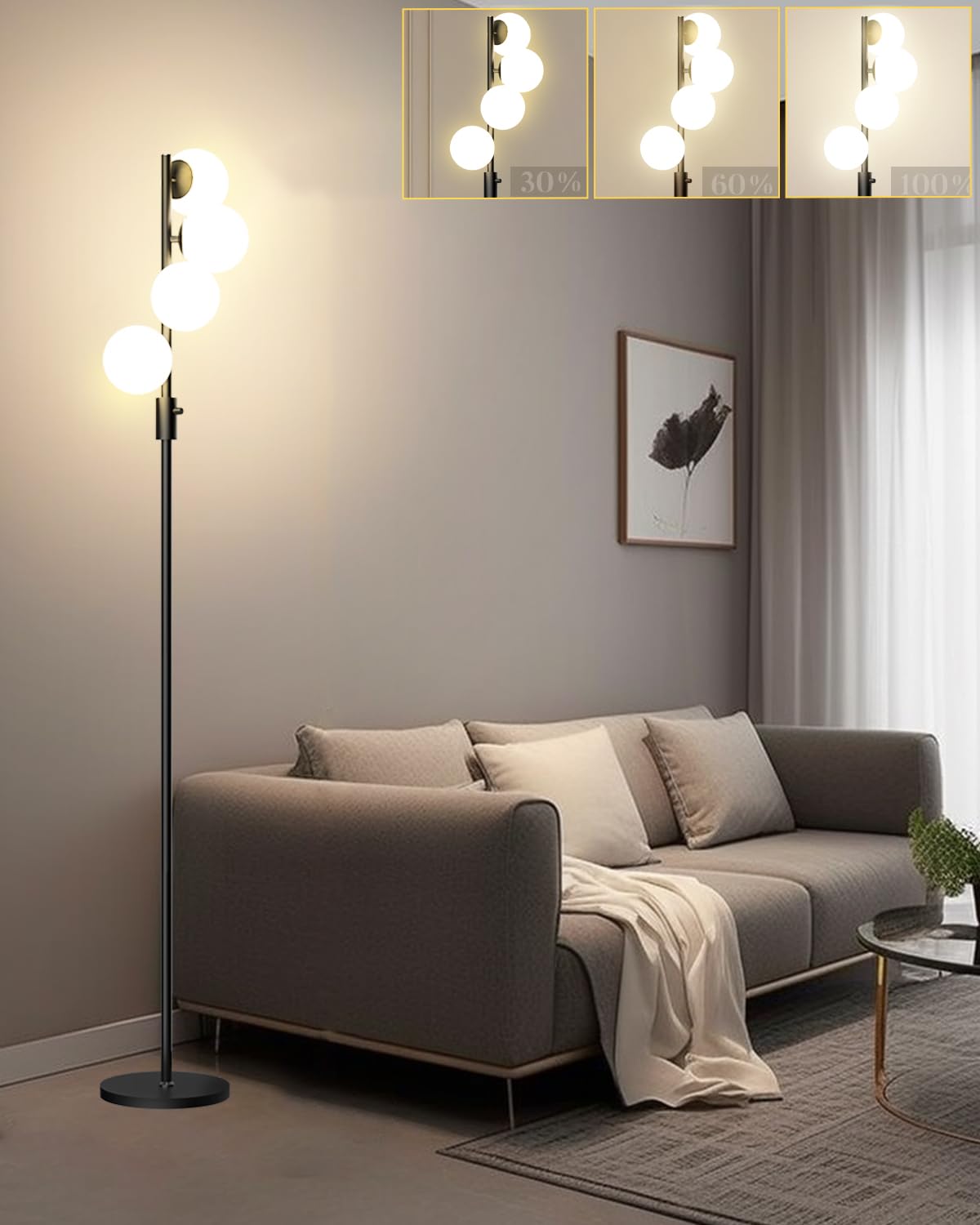 Lightdot Dimmable Globe Floor Lamp, 64IN, Black, Metal, Includes 4PCS 3000K G9 Bulbs, Mid Century Modern Design