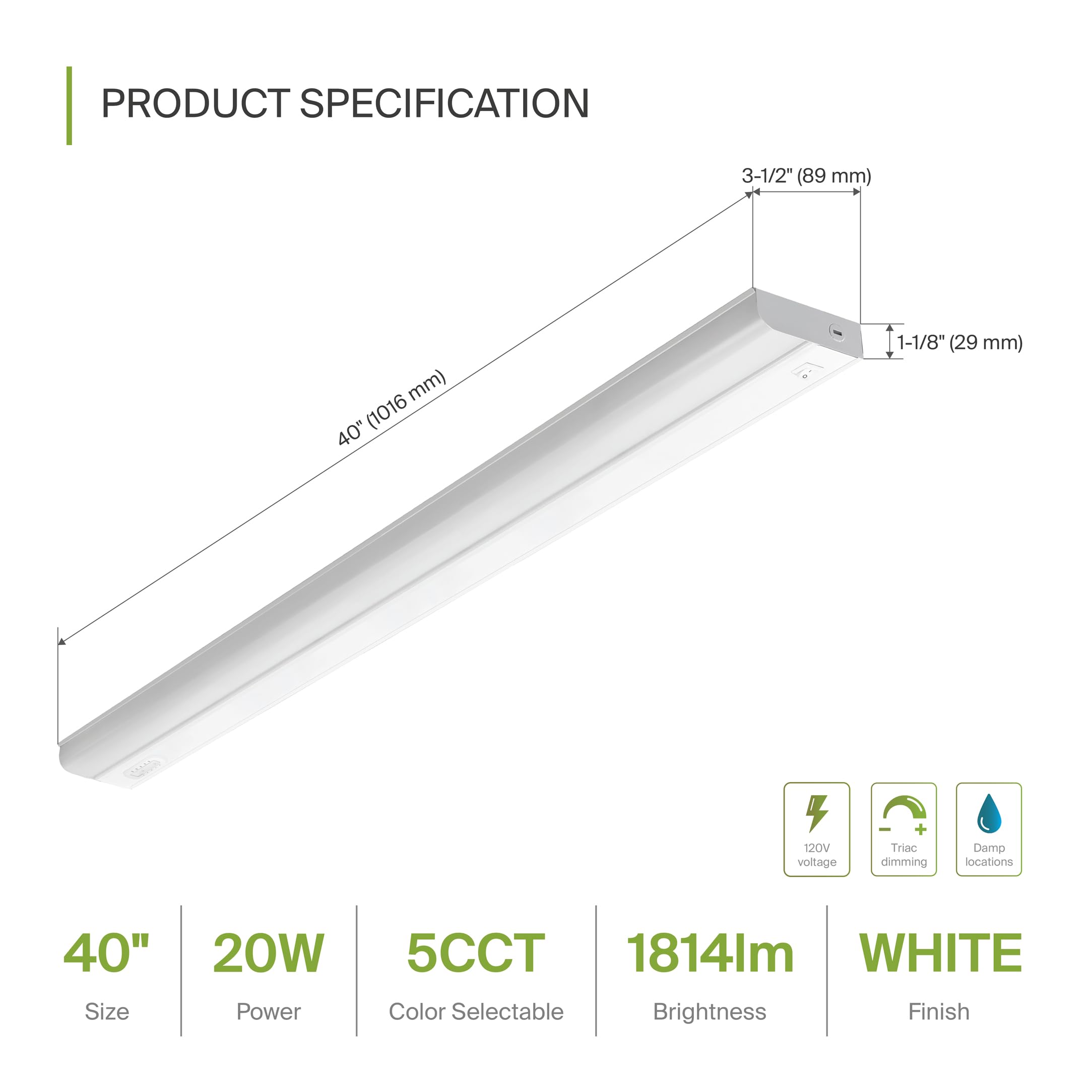 Asd 40 Inch Led Under Cabinet Lighting Hardwired, On/Off & Color Temp Switch, 20W 1814Lm, 5 Cct 2700K-5000K Cri90+, Dimmable Und