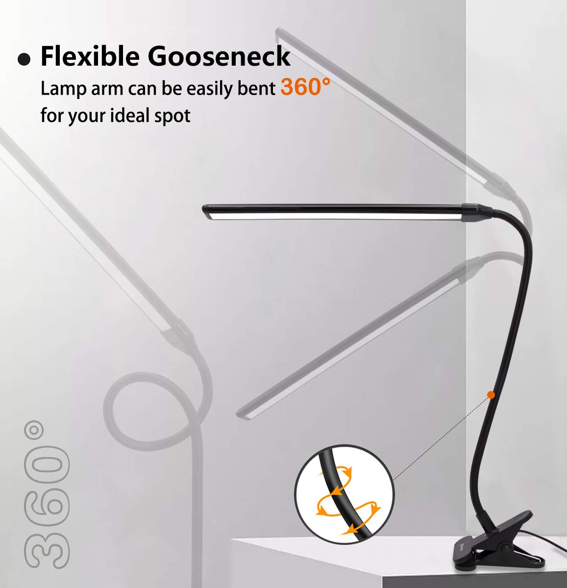 Cesunlight Clamp On Desk Lamp - 3 Color Temperatures, 10 Brightness Levels, Usb Power Supply, Black, Pack Of 2, Model B03