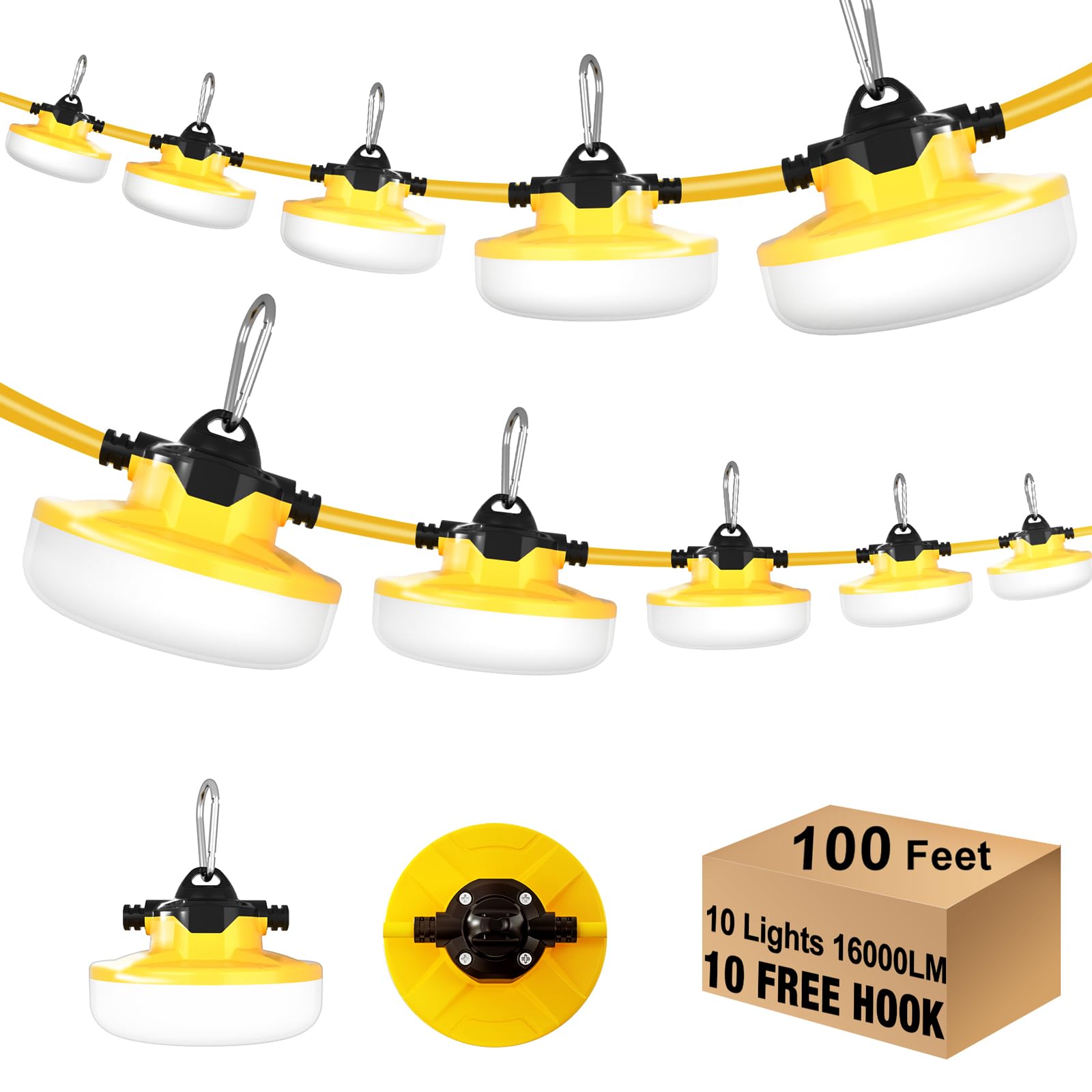 JC-LGL LED Construction String Light 100FT, 130W 16000Lm Industrial LED String Work Lights with 10 Bulbs, Linkable 5000K Super B