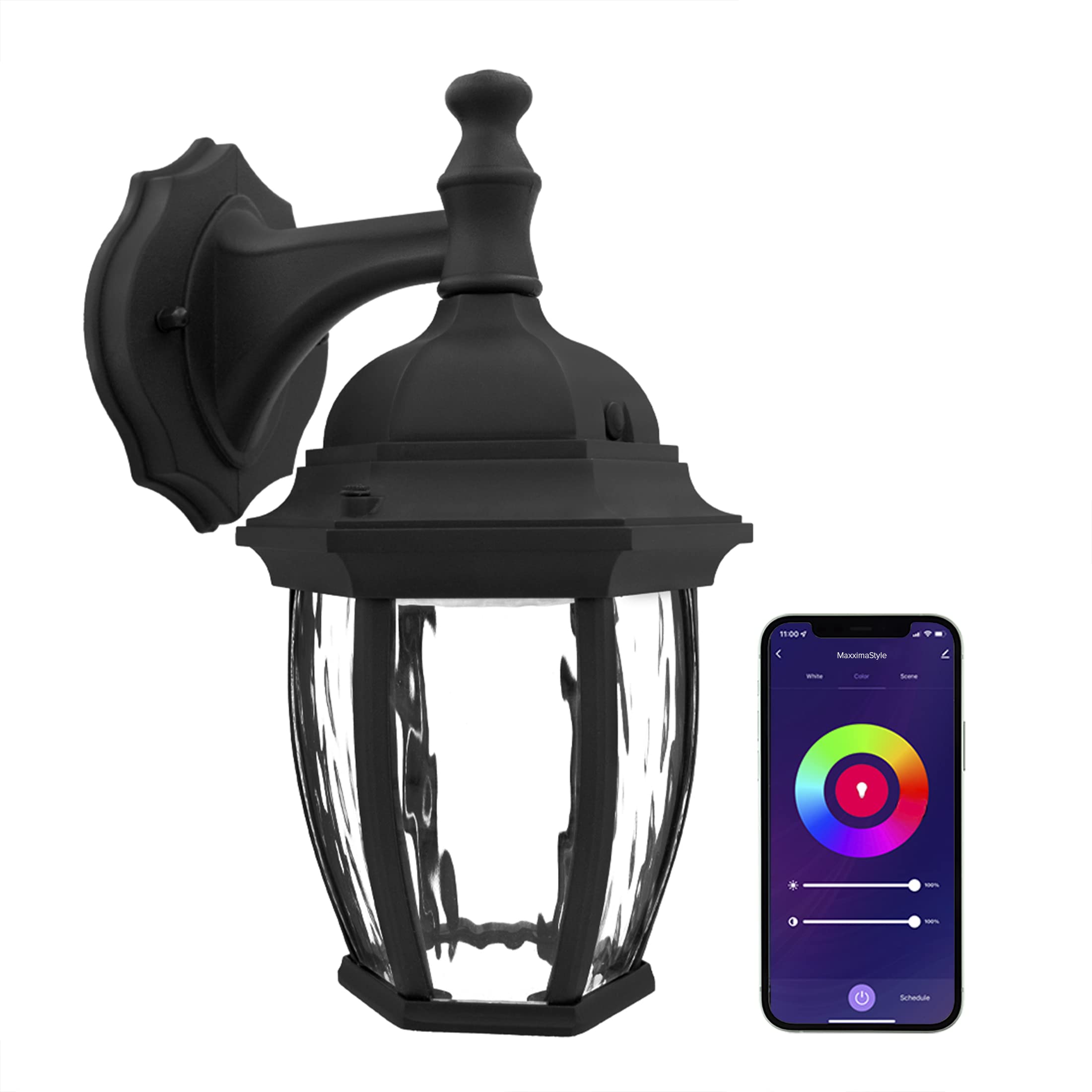 Maxxima Luvoni Smart WiFi LED Outdoor Wall Light, Black w/Clear Water Glass, App Controlled Porch Lantern, 850 Lumens, CCT 2700K
