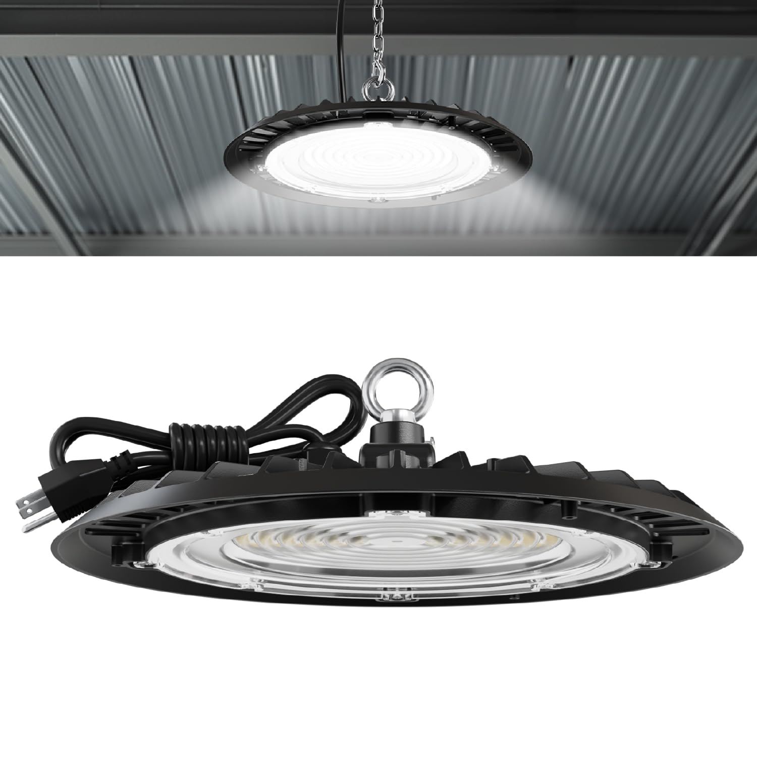 Sunco UFO LED High Bay Light, Lighting for Warehouse, 6000K Daylight Deluxe, 150W, Power Cord Included, 19500 LM, 120VAC, IP65 W