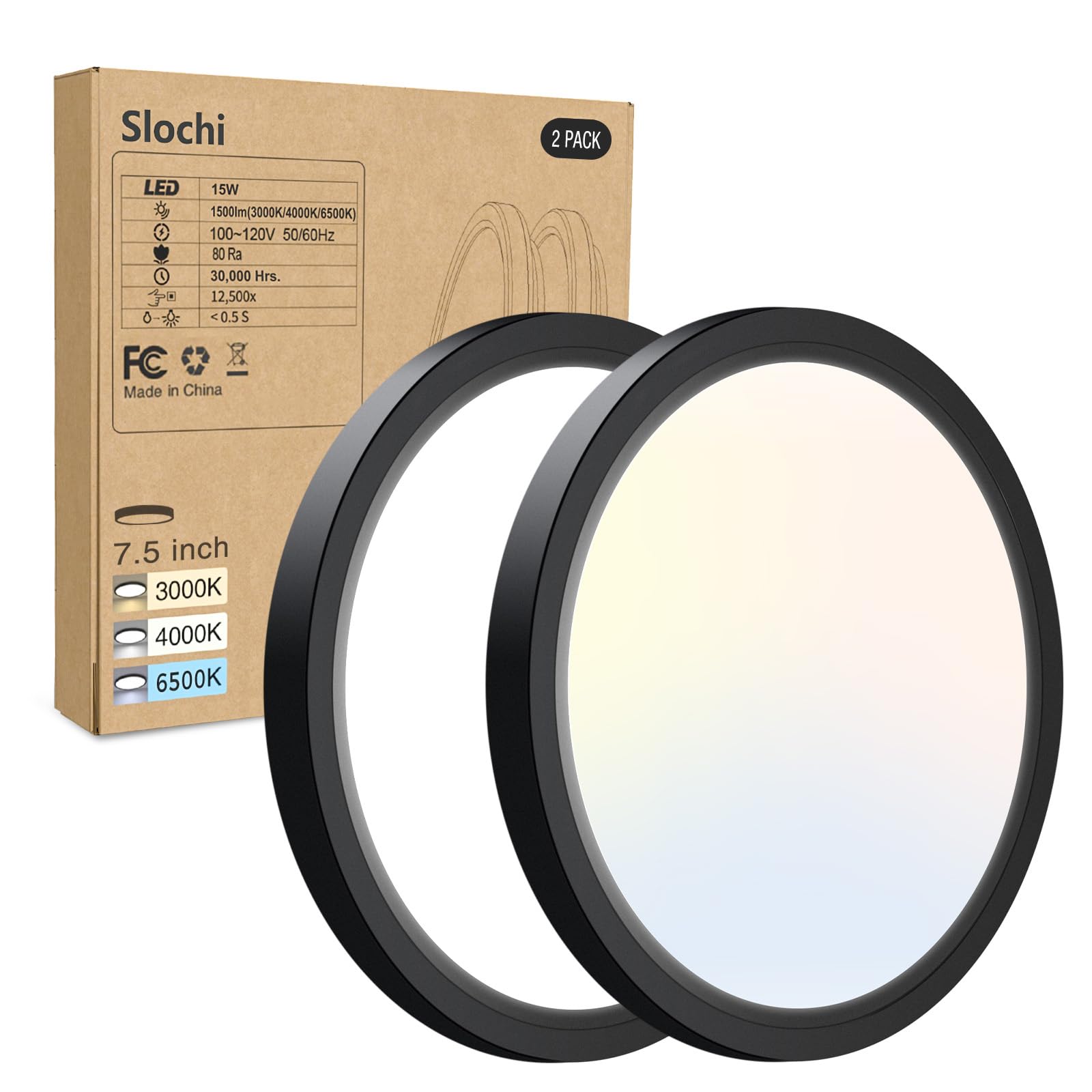 2PACK LED Flush Mount Ceiling Light Fixture, 3000K-4000K-6500K & 100W Equivalent Modern Kitchen Ceiling Lamp 15W 1500Lm 7.5 Inch