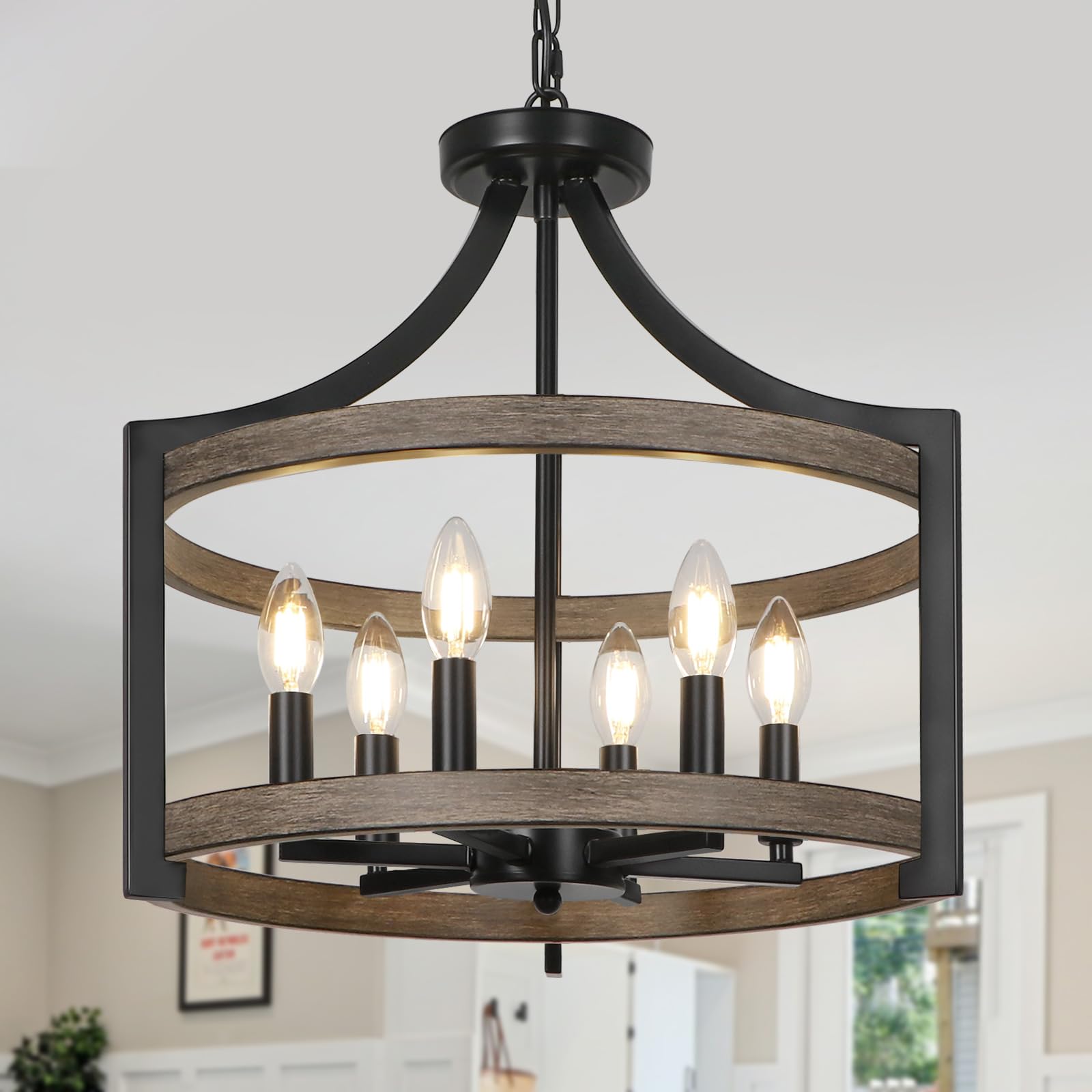 Wbindx 6-Light Farmhouse Chandelier, Metal Faux Wood Hanging Pendant Lighting, Convertible Semi Flush Mount Ceiling Light Fixtur