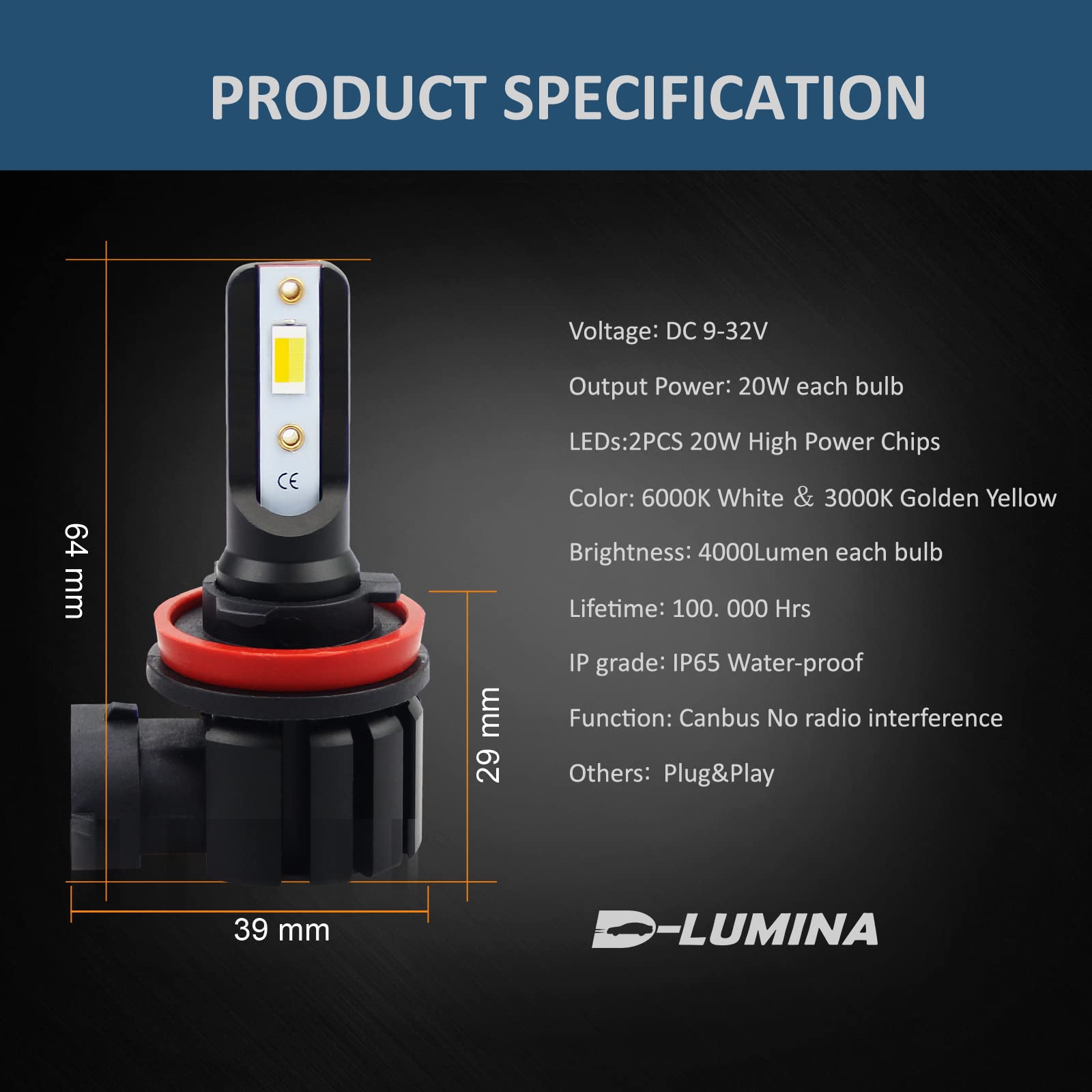 D-Lumina H11 H8 H16 Switchback Led Fog Light Bulbs, 8000 Lumens 40W 300% Brightness Dual Color 6000K Xenon White/3000K Golden Yellow, Super Bright Led Fog Light Drl Bulb Upgrade Replacement, Pack Of 2