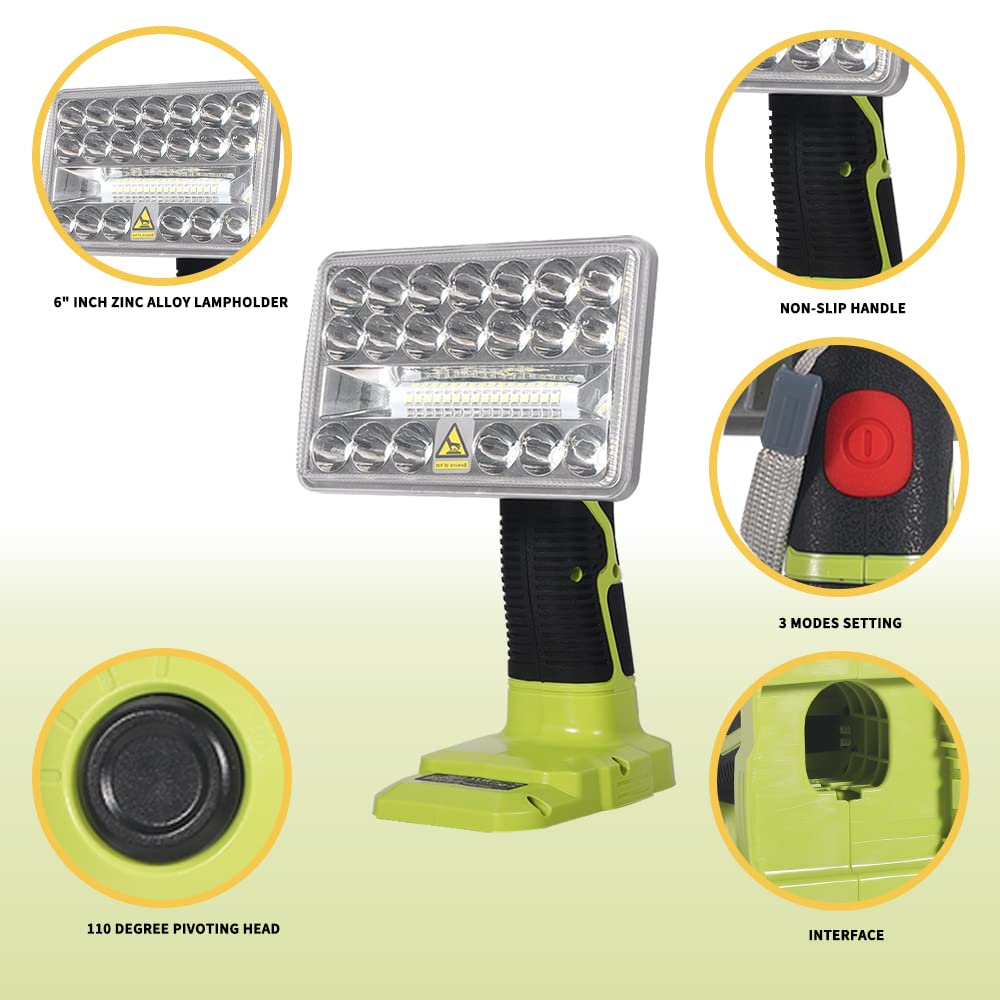 Dteztech 18W Led Work Light For Ryobi One+ 18V Li-Ion Ni-Cad Ni-Mh Battery, 2000Lm Zinc Alloy Flashlight Spotlight With 3 Light