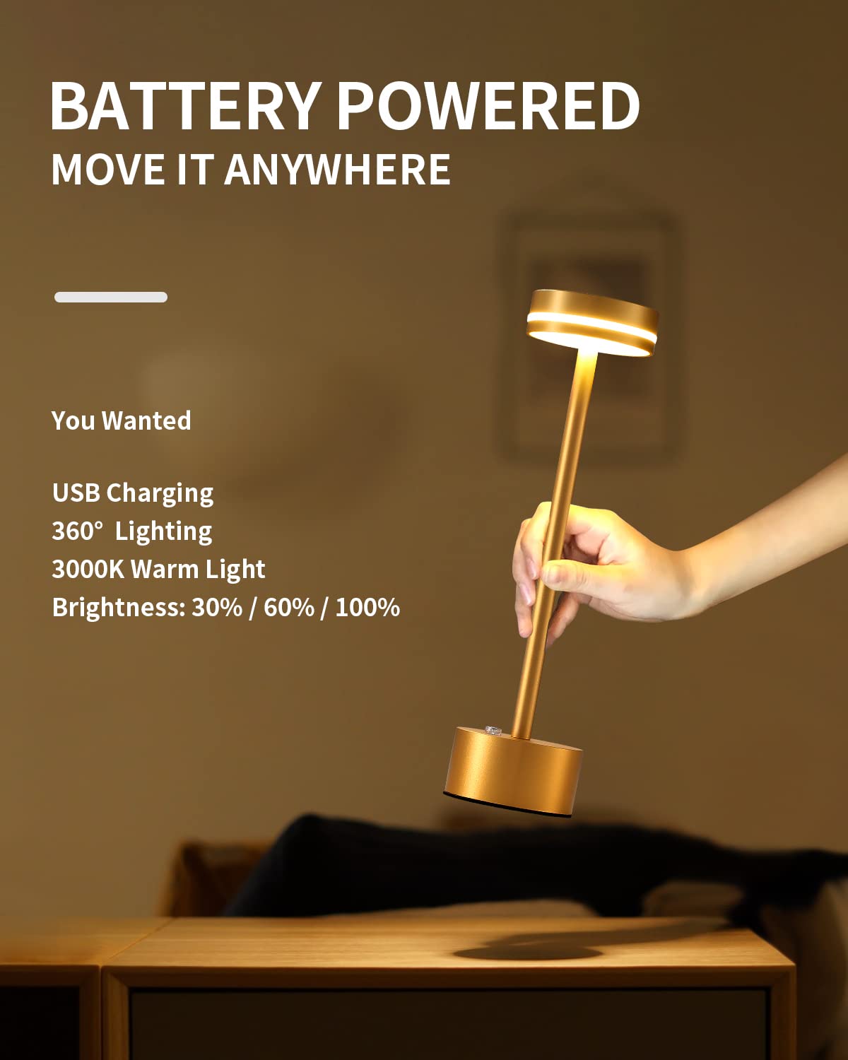 Pusu Cordless Table Lamp Set Of 2, Battery Powered Led Desk Lamp Portable Table Lights 3-Level Brightness Touch Control, Lightin