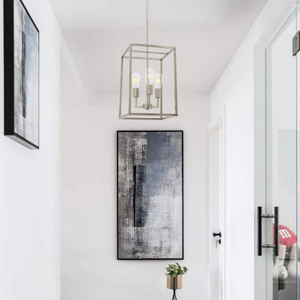 VINLUZ 3 Light Classic Indoor Chandelier Brushed Nickel Finish Foyer Lantern Pendant Lighting for Hallway Kitchen Dining Room
