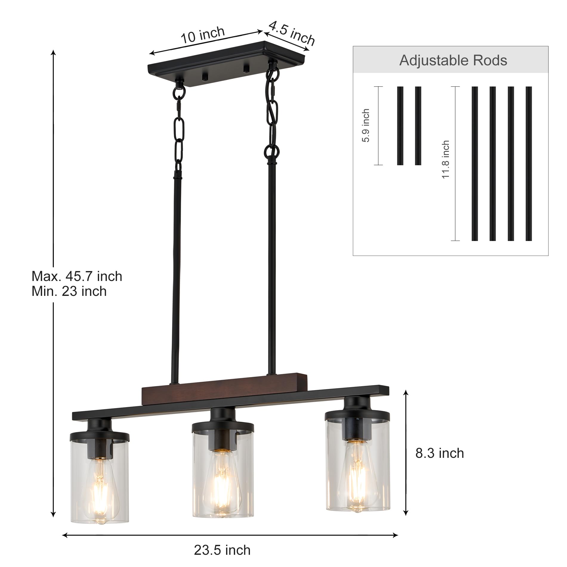 TWIG Wood Island Light Pendant, 3-Light Matte Black Industrial Chandelier with Glass Shade, Model 2024072301