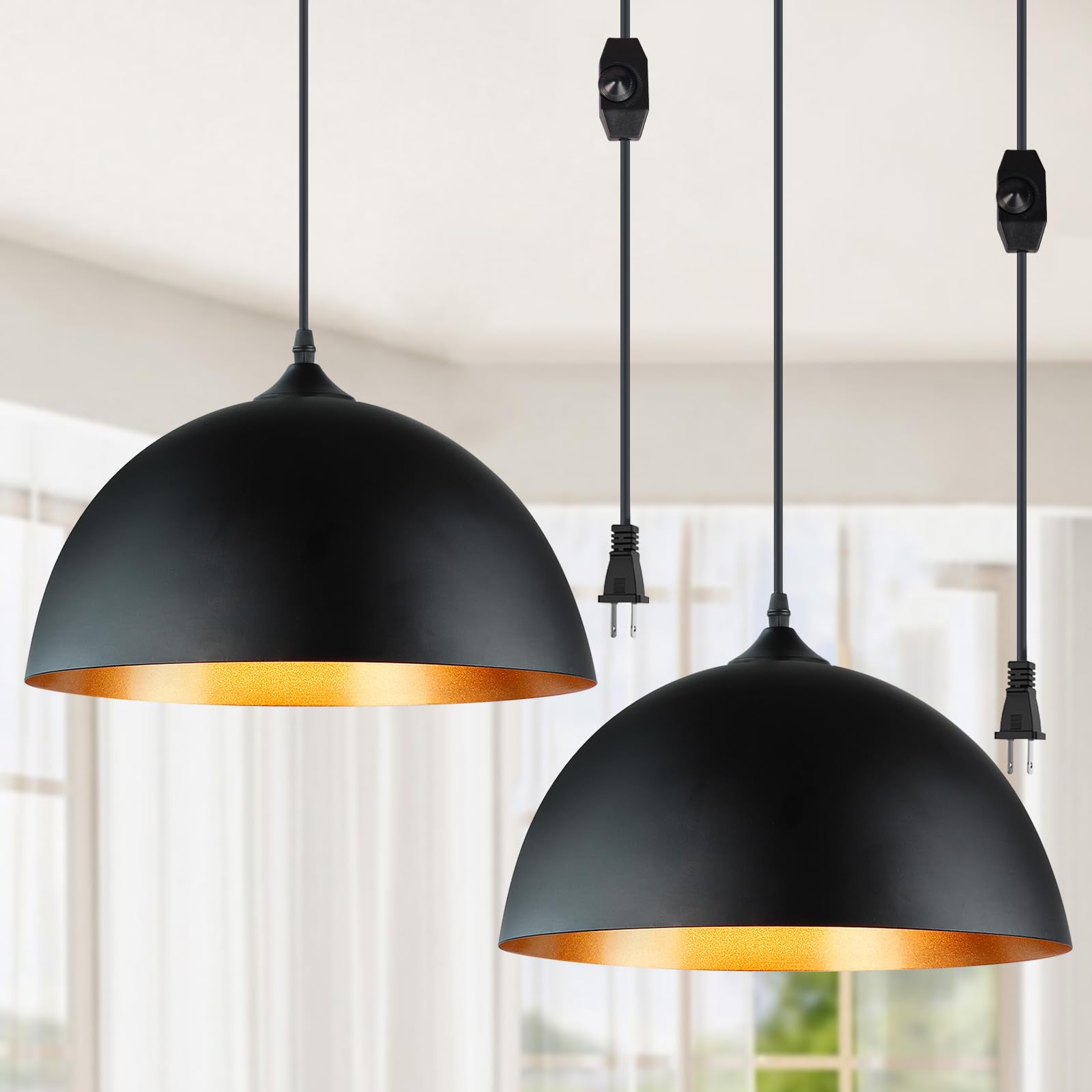 DLLT 2-Pack Plug in Pendant Light, Industrial Pendant Light Fixtures, Adjustable Pendant Lighting Over Island, Farmhouse Black G