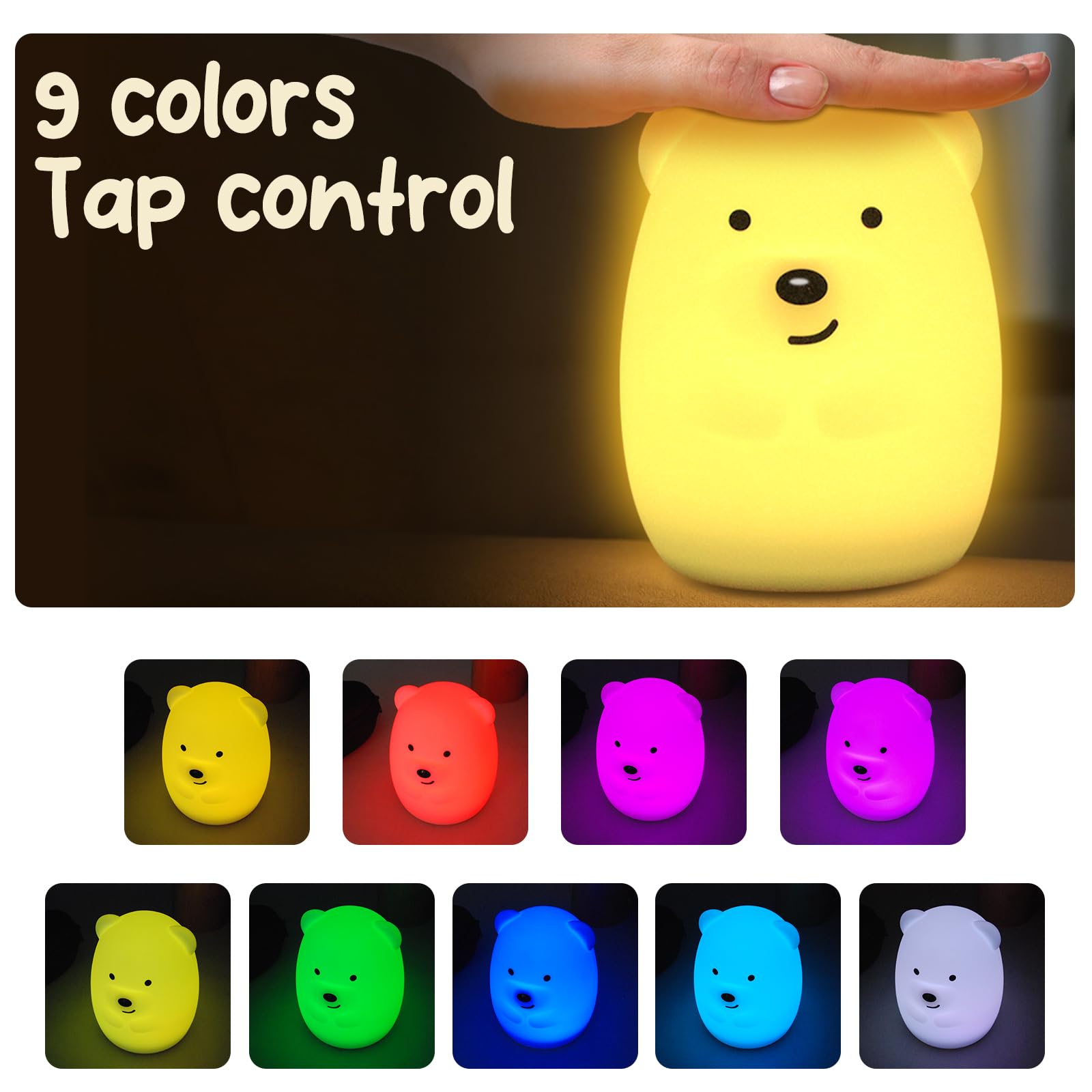 NAHKZNY Night Light for Kids, 9 Color Changing Silicone Lamp, Remote Control, Sleep Timer, Yellow, Model RT01