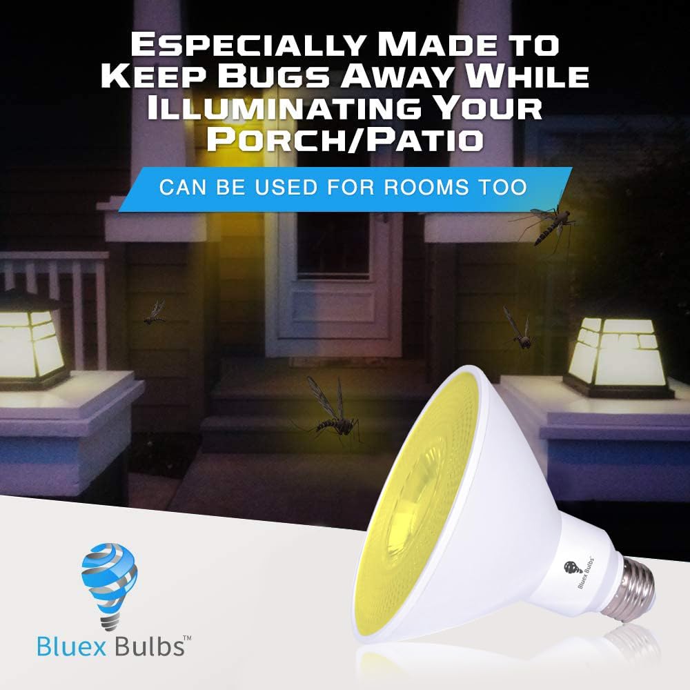 Bluex Bulbs PAR38 Amber Yellow LED Bug Light Bulb - 17W Dimmable Waterproof E26, Warm Bug-Free Lighting for Home Insect Repellent