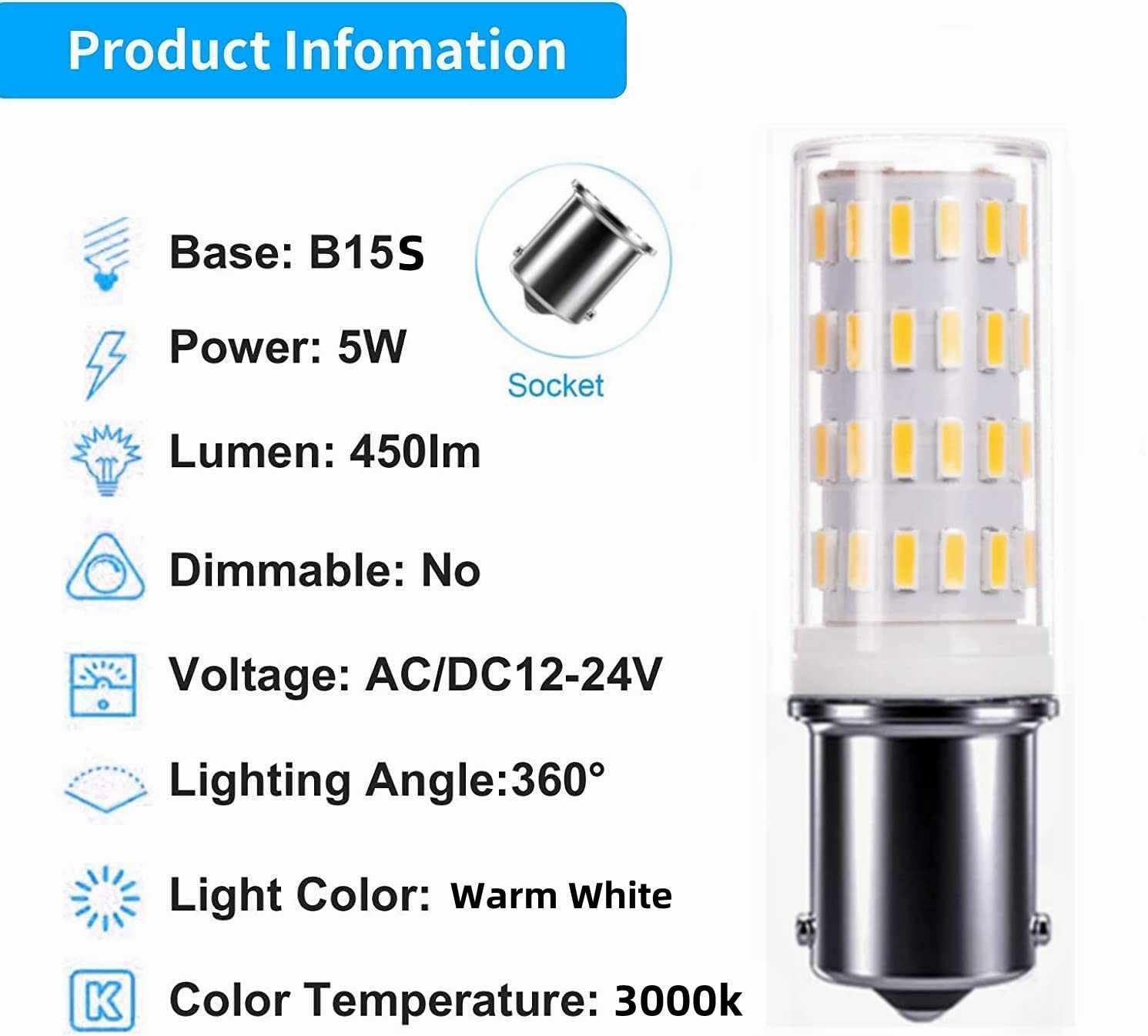 Ba15S 1156 1141 S8 12V-24V Led Bulbs, 5Watt Low Voltage Bayonet Single Contact, 500Lm Warm White 3000K, For Rv, Outdoor Landscap