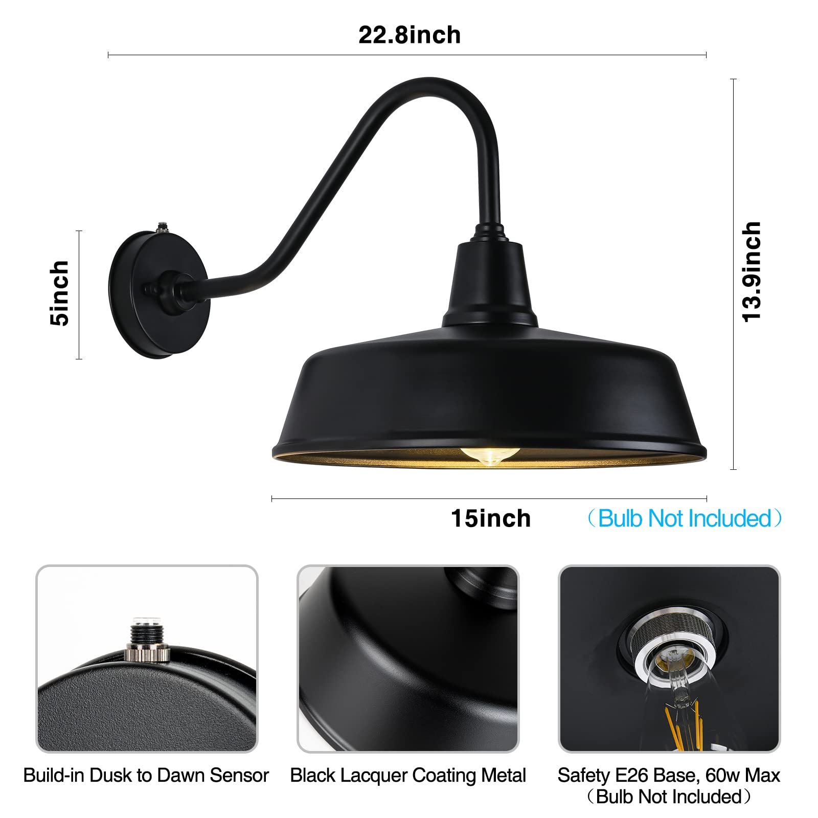 Metojia Gooseneck Barn-Lights Outdoor Fixture - 15 Inch Farm Style Black Large Lighting Farmhouse Exterior Sconce Wall Light For House, Dusk To Dawn Sensor Front Door Porch Garage (15 Inch)