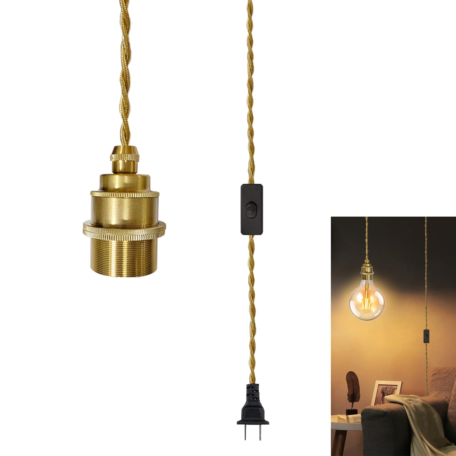 DTIEDY Gold Plug in Pendant Light Kit, Hanging Plug in Lights Fixture with Metal Ceramic E26 Socket, 11.5FT Hanging Lights Cord 