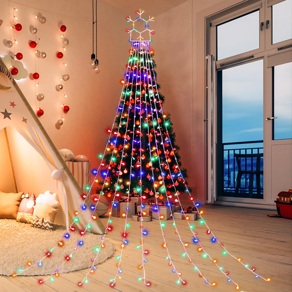 Cerflyer 320 Led Outdoor Christmas String Lights, 11.5 Ft Waterfall With Snowflake Topper, 8 Modes