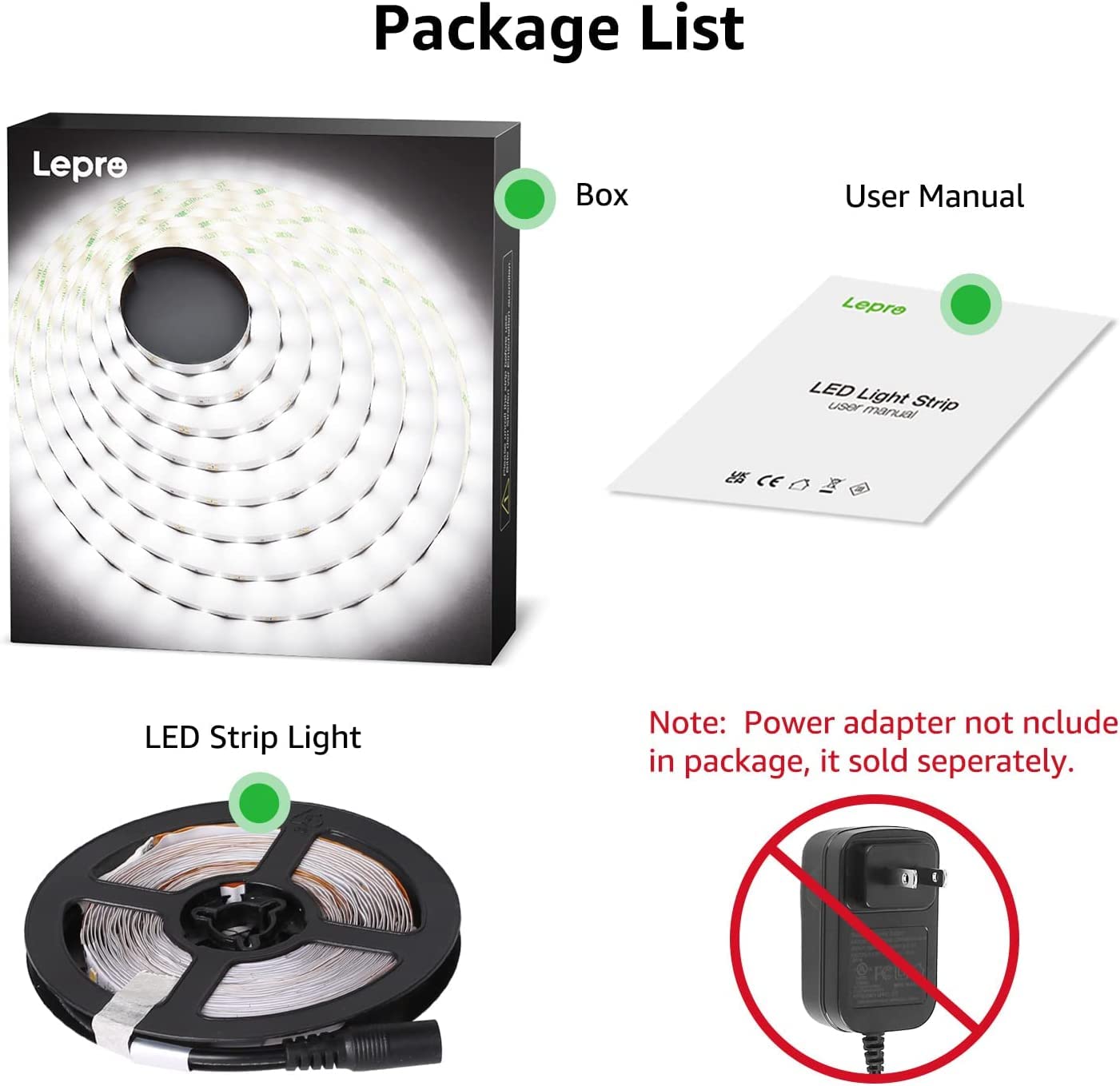 Lepro LED Strip Light 12V, 16.4ft Flexible Tape Light, Daylight White, SMD 2835, Non-Waterproof, Model PR4100057-DW