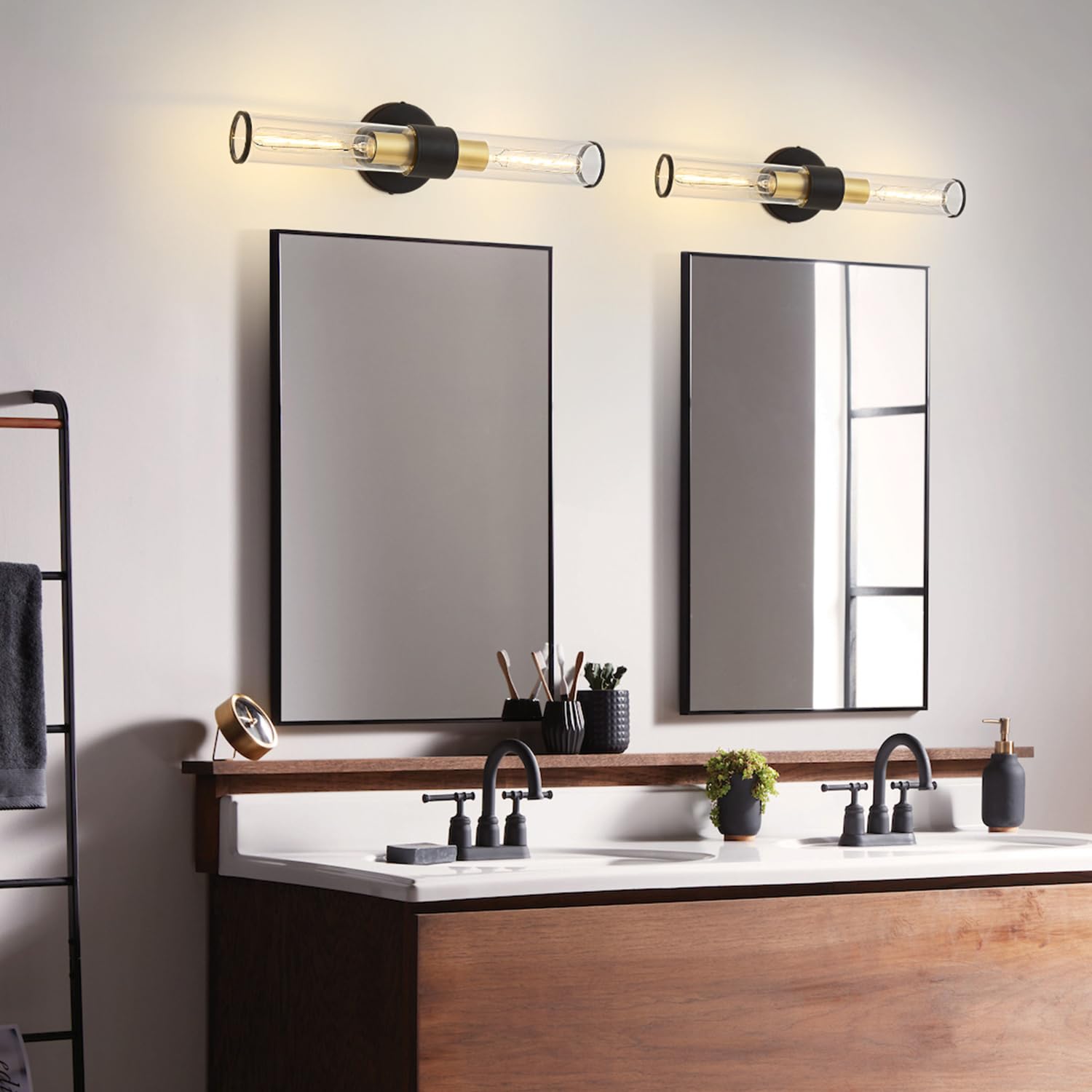 Vaziden Black And Gold Wall Sconce  Bathroom Light Fixtures In Clear Glass Indoor Wall Sconces  Modern Sconce Wall Lighting Up And Down Vanity Lights Fixtures For Bathroom - Bulb Not Included