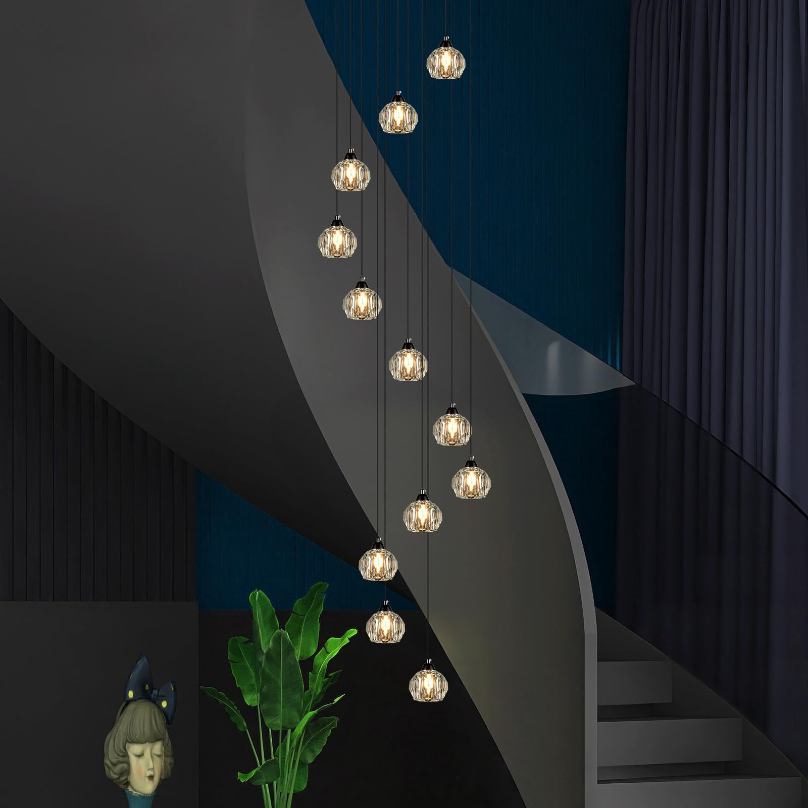 Weesalife 12-Light Black Crystal Chandelier, Model 8817-12C BR, Brass Pendant Light for High Ceilings, Living Room, Kitchen, Hallway