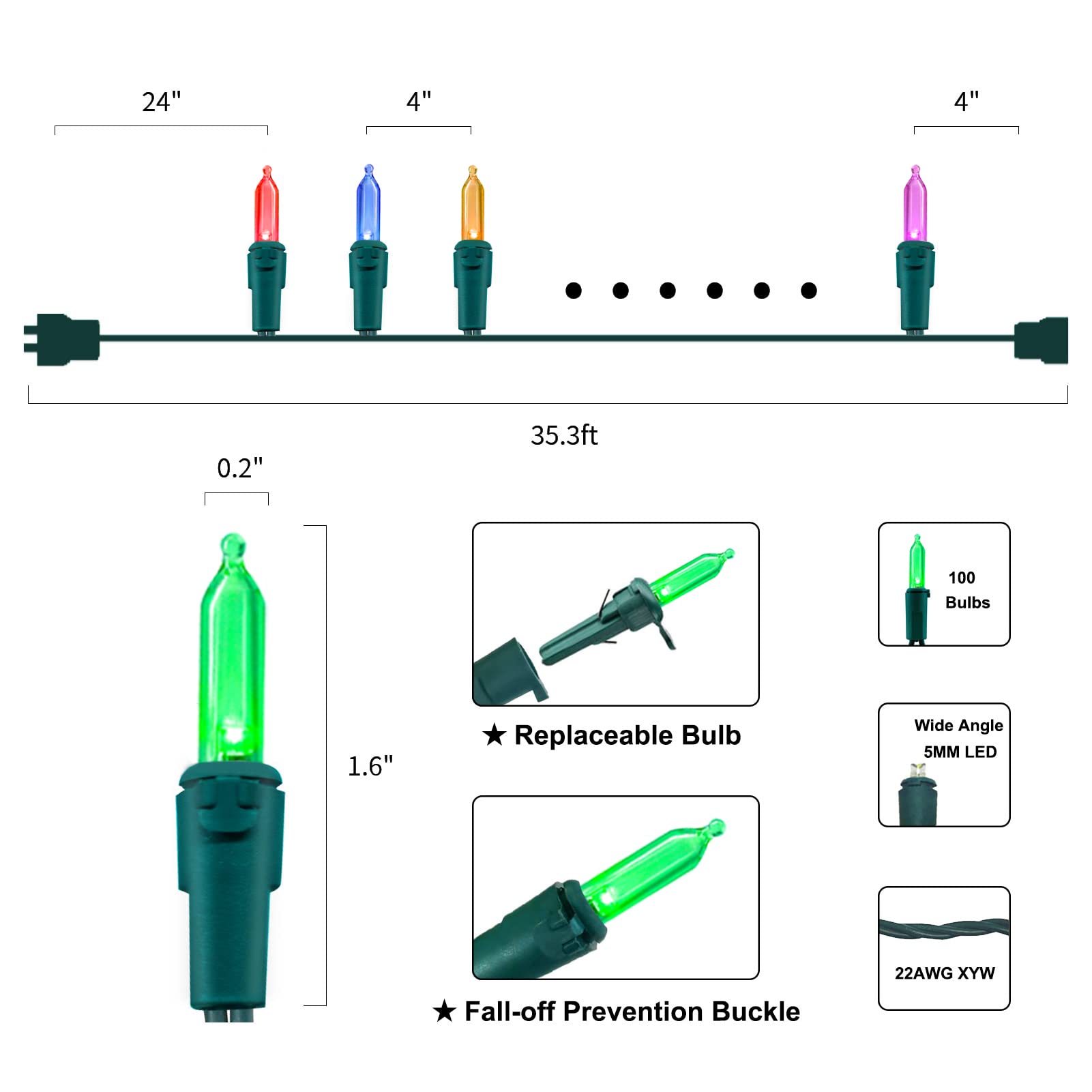 Multi-Sparking Led Christmas Lights - 66Ft, 200 Count, Green Wire, Multi-Color, Indoor/Outdoor, Model L100C/2F-A45