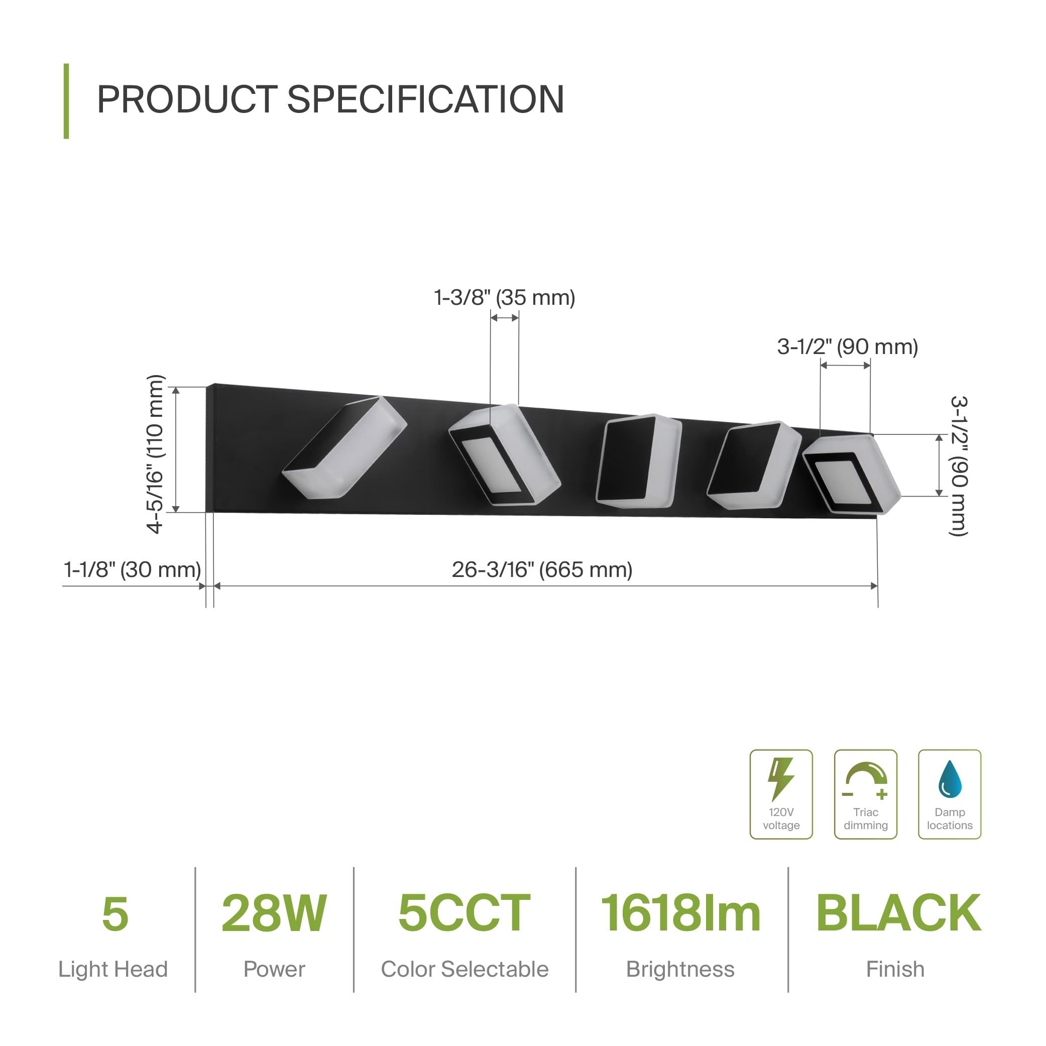 ASD LED Bathroom Vanity Light, 5-Lights Dimmable, 28W 1600LM, 2700-6000K, Black, Model A-LVF25M-5