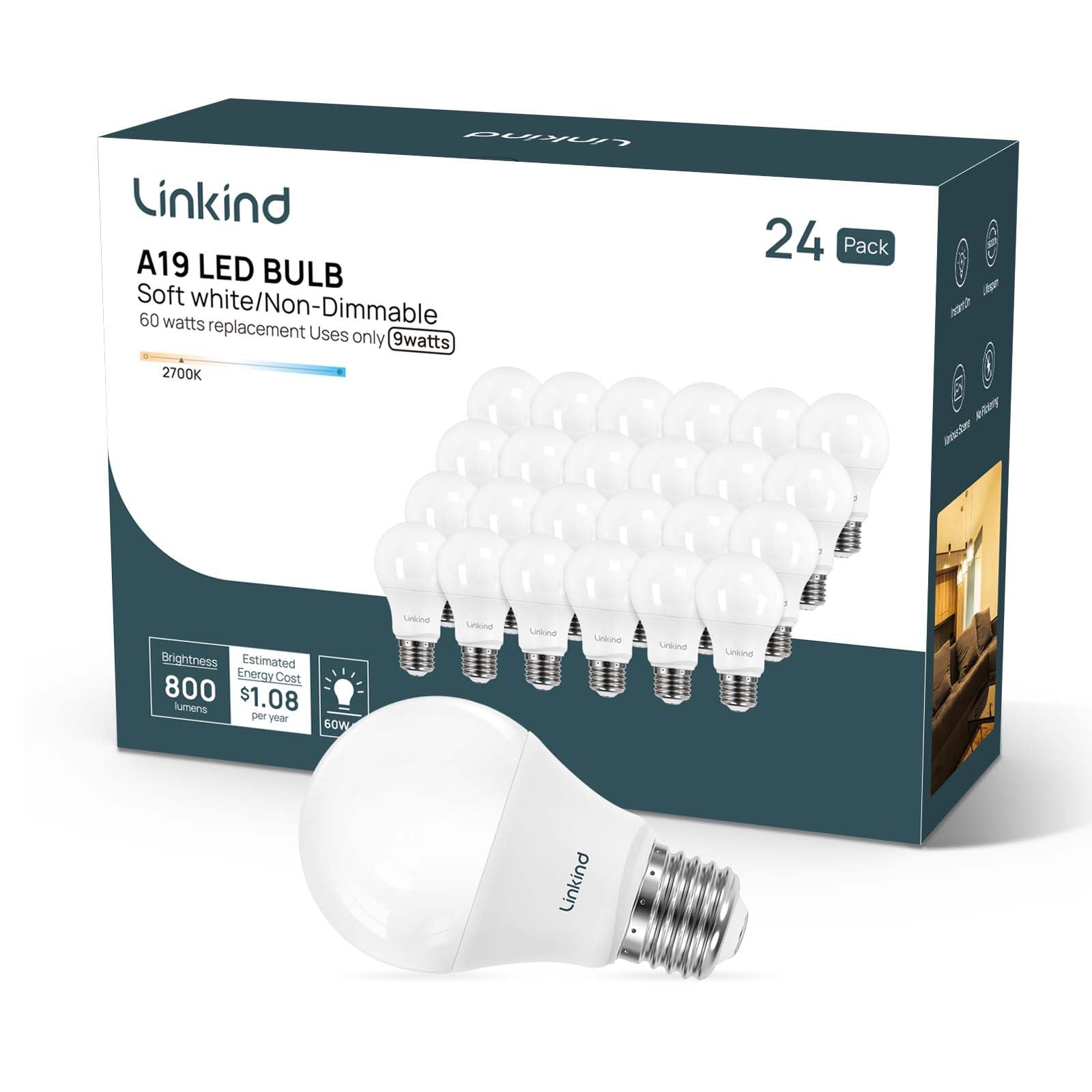 Linkind A19 Led Light Bulb, 60W Equivalent, 9W 2700K Soft White, 800 Lumens Non-Dimmable, E26 Standard Base, Energy Efficient Ul