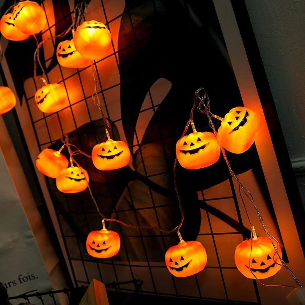 MILEXING LED Pumpkin String Lights, 20 Warm White Lights, 9.8ft, 2 Modes Steady/Flickering, Outdoor Holiday Decor, Model NG10