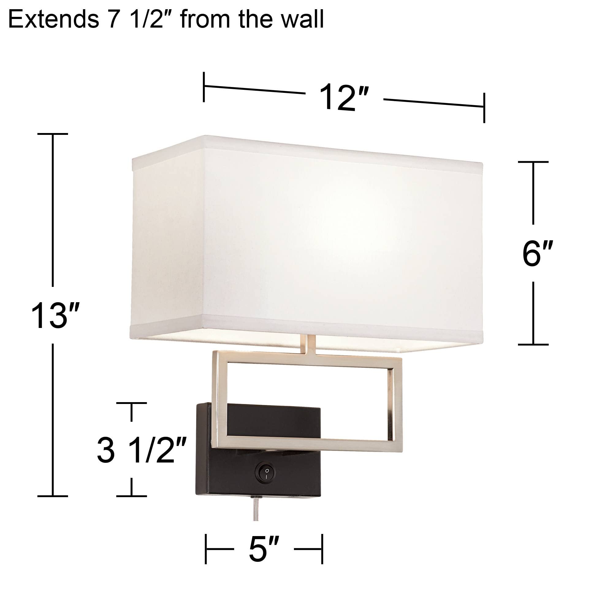 Possini Euro Design Trixie Modern Wall Lamp, Brushed Nickel, Rectangular Fabric Shade, Plug-in Light Fixture, Model Everenty