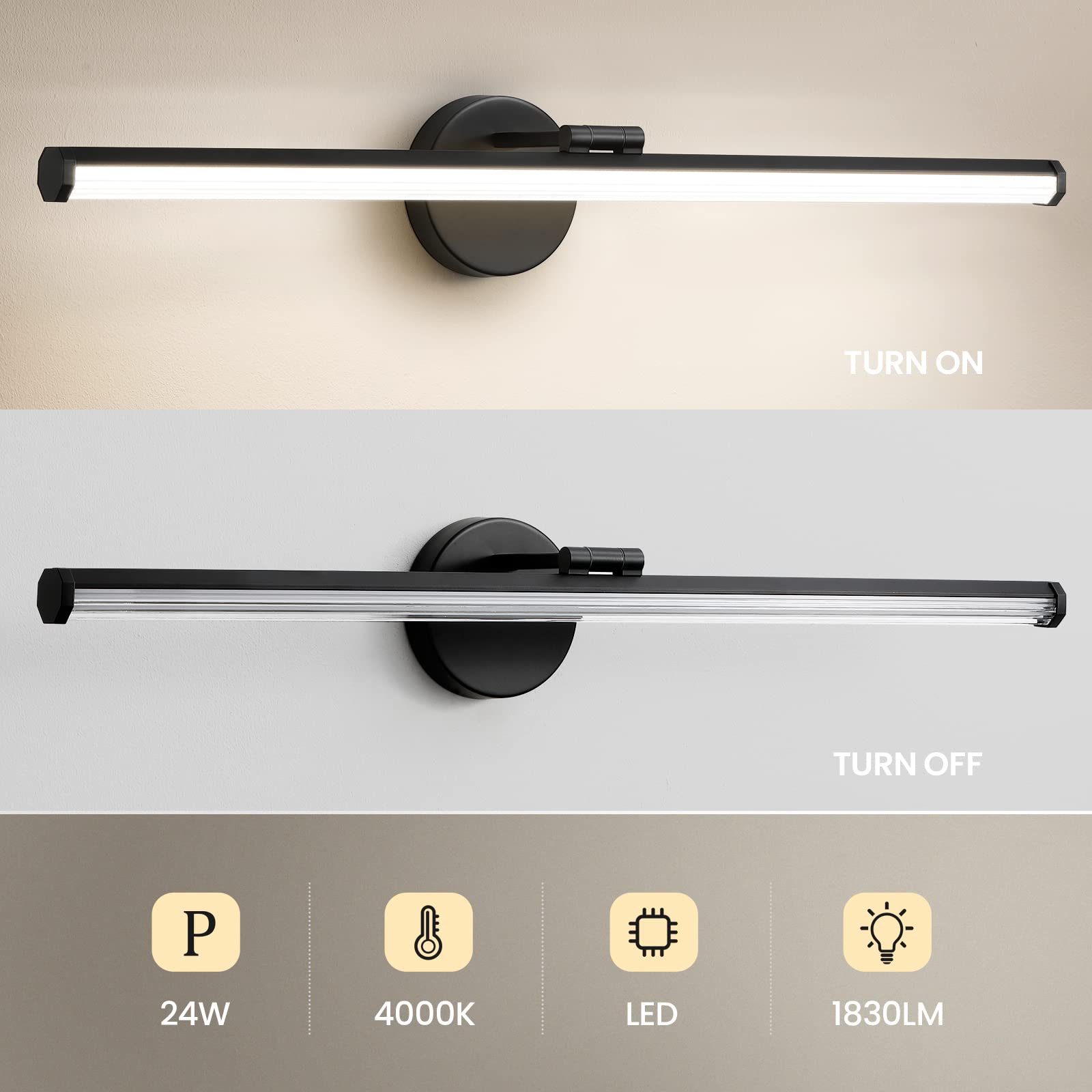 KAISITE 30 Inch Black Bathroom Vanity Light Fixture - Dimmable LED 24W 4000K Rotatable Light Bar, Model 8037ML-24BK-US