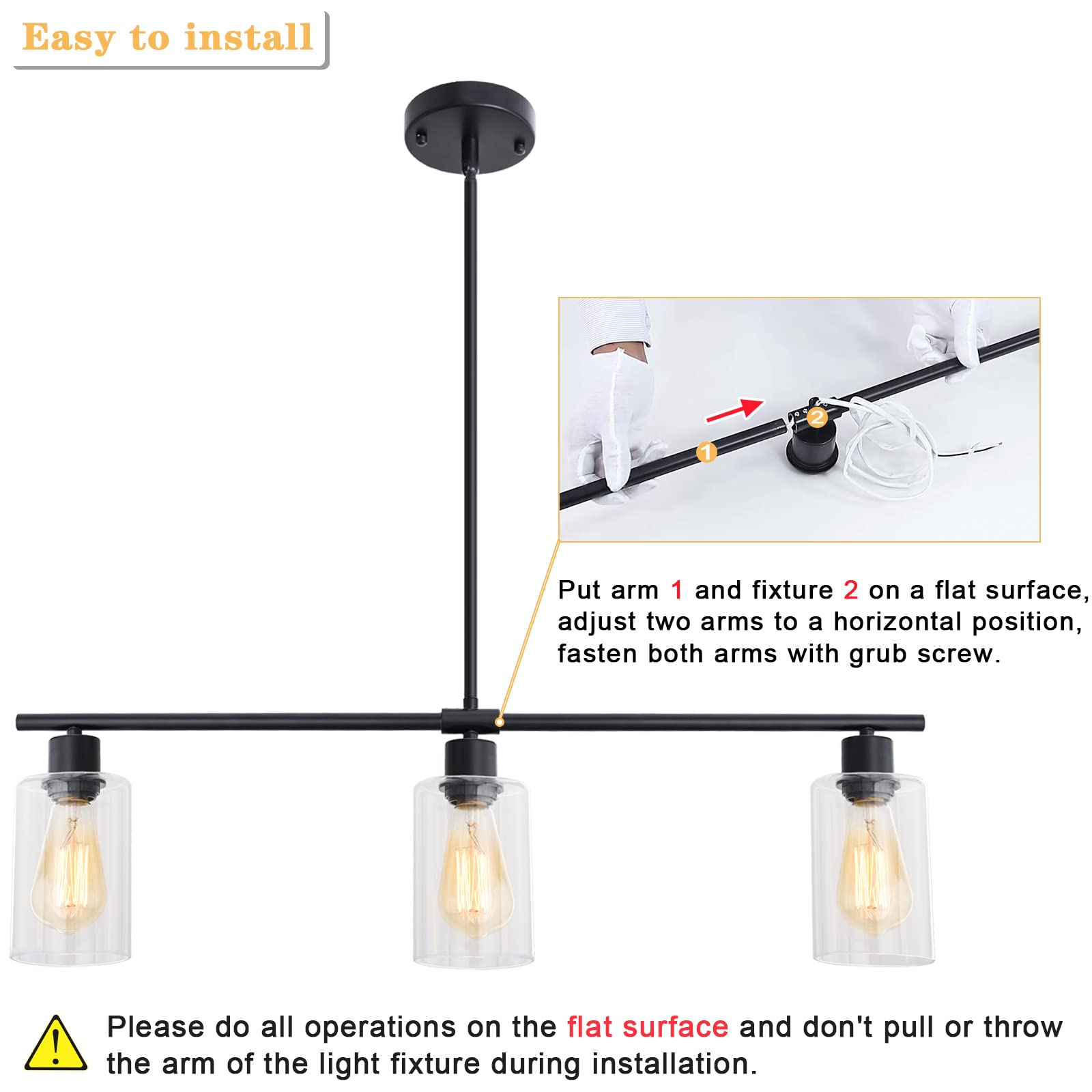 Ljhhowe Modern Kitchen Lights 3 Lights Black Linear Chandelie Pendant Light Kitchen Island With Glass Shades Hanging Light Fixtu