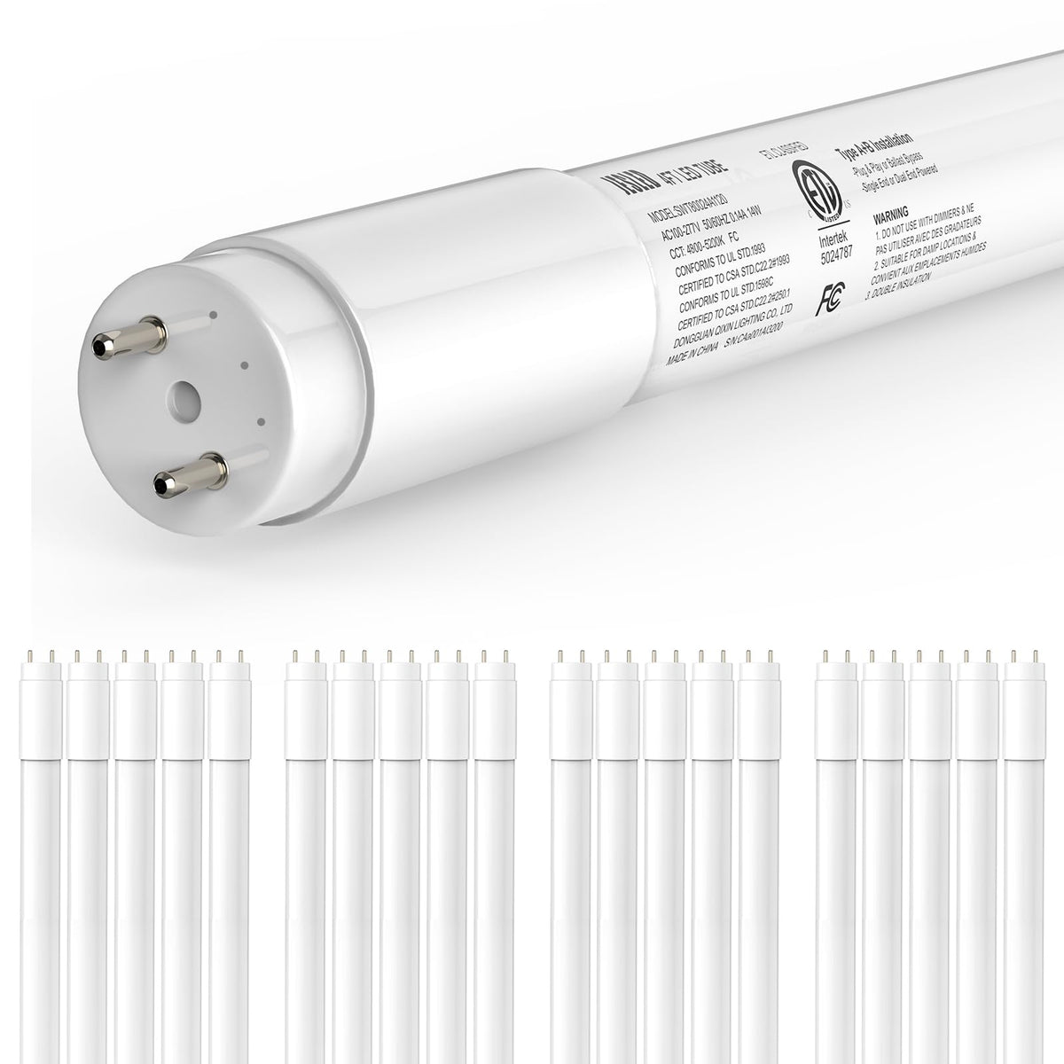 Jesled 20-Pack T8 Led Tube Lights 4Ft, 14W 2450Lm 5000K, Single Or Double End Powered, Plug And Play Or Ballast Bypass, Type A+B
