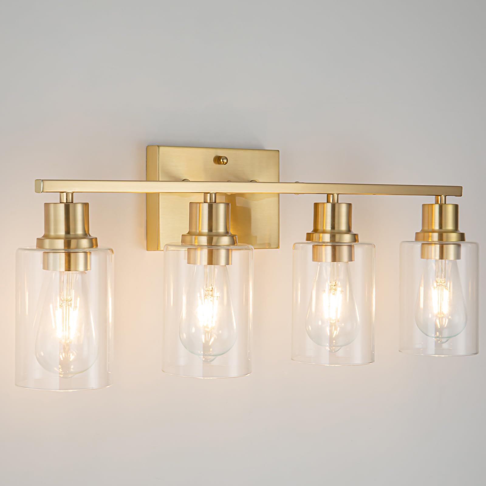 Filimitiy 4-Lights Gold Bathroom Light Fixture, Brushed Brass Vanity Light With Clear Glass Shade, Modern Bath Wall Lights For L