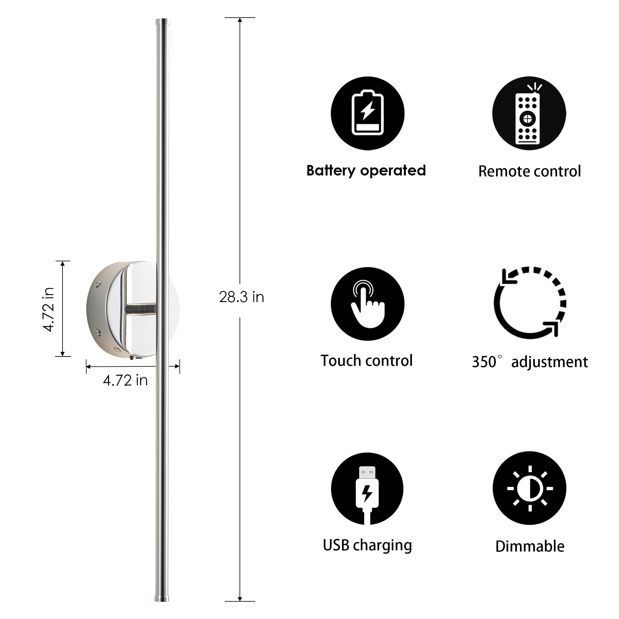 KARTOOSH Battery Operated Wall Sconces Set of Two, Dimmable, Chrome, 28.3 Inch, Model ZM317BCM70-N1