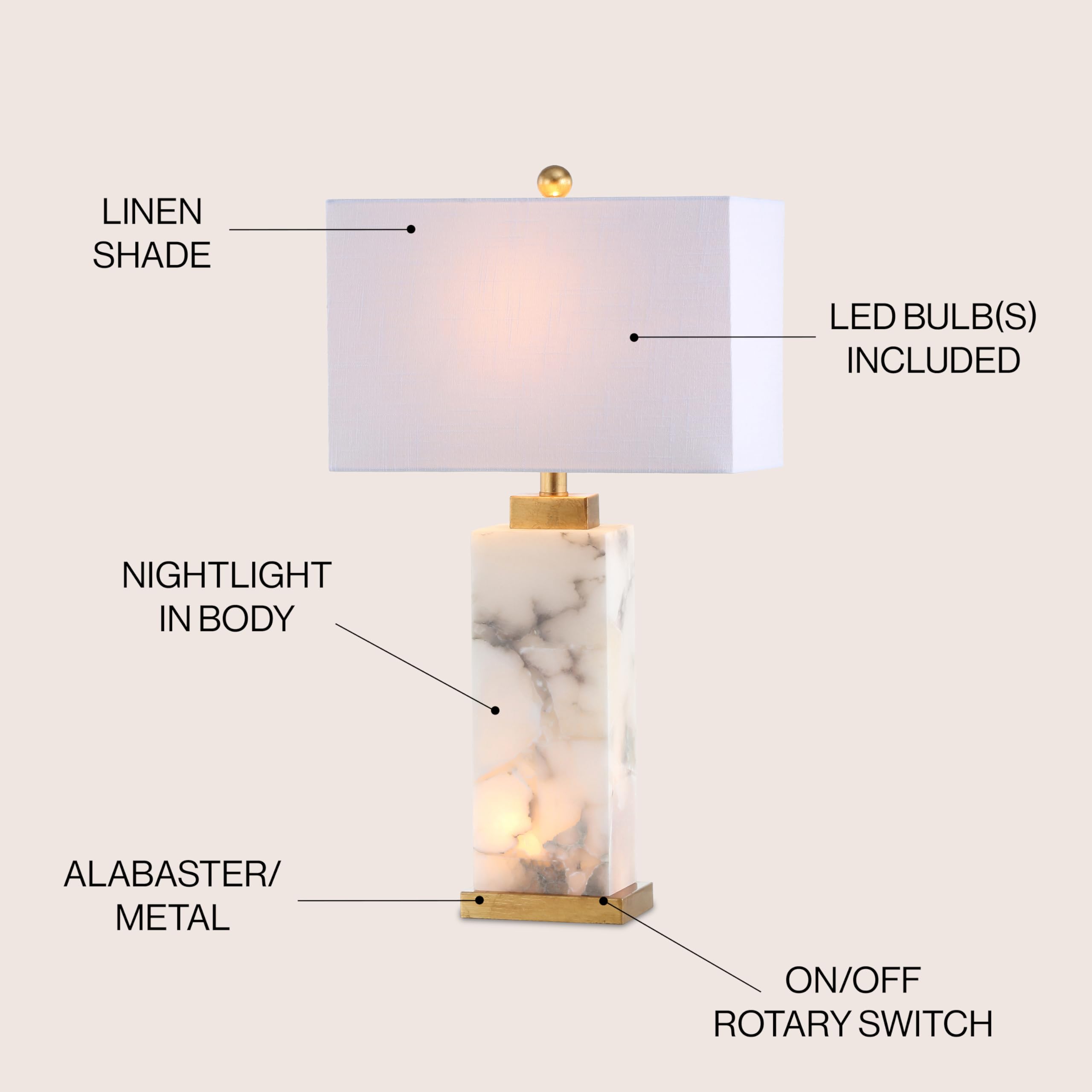 JONATHAN Y Elizabeth 27.5" Alabaster LED Table Lamp, White/Gold Leaf, Model JYL6201A, Coastal Contemporary Design for Bedroom and Office