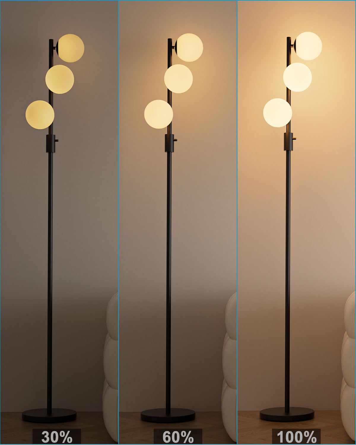 Acohook 64In Dimmable Black Floor Lamp, Tall Standing Lamps With 3 Globe Soft Warm White Eye Care 3000K G9 Bulbs, Mid Century Mo
