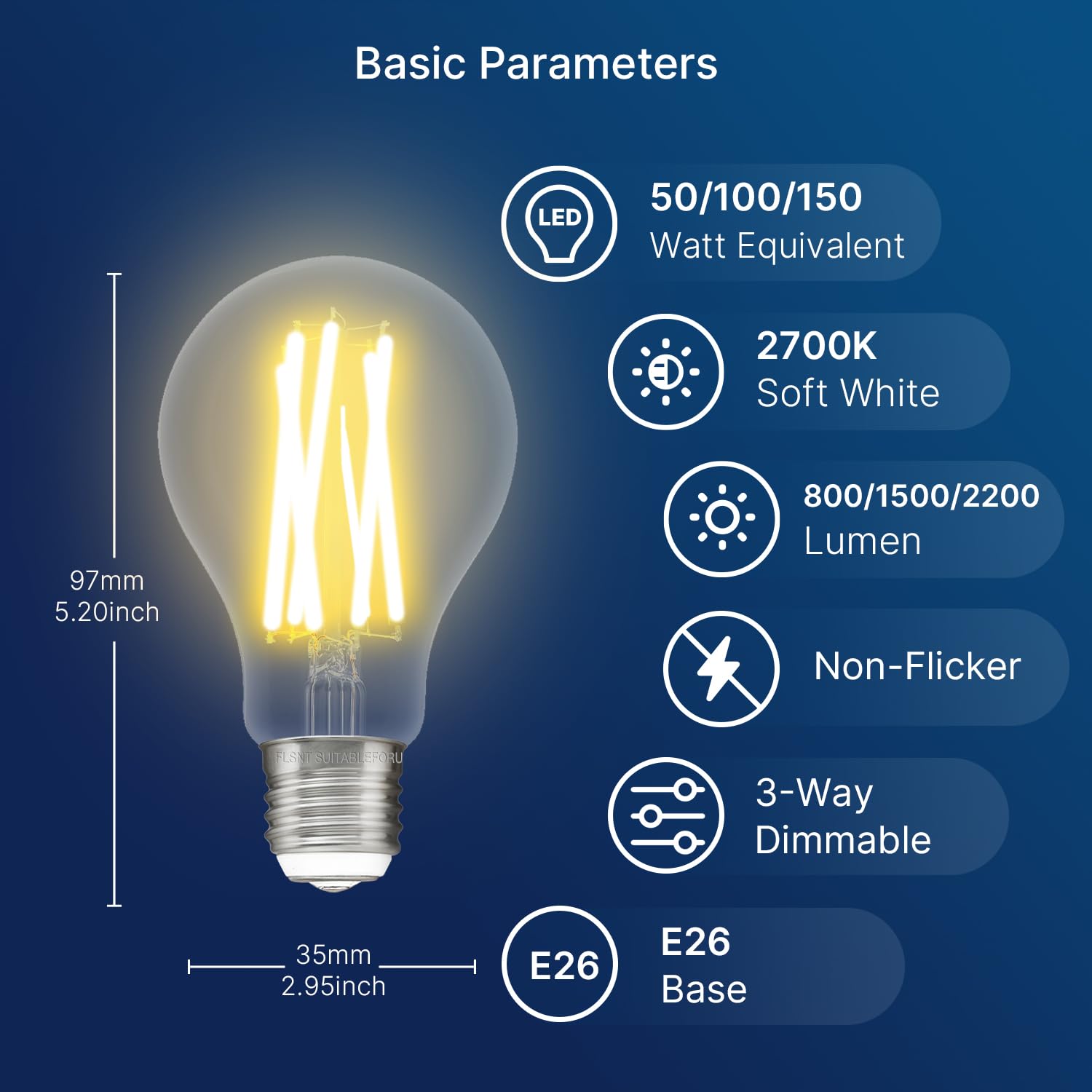 FLSNT 3-Way LED Light Bulb A23, 2700K Soft White, 50W-150W Equivalent, 2 Pack, Dimmable, Glass, 800