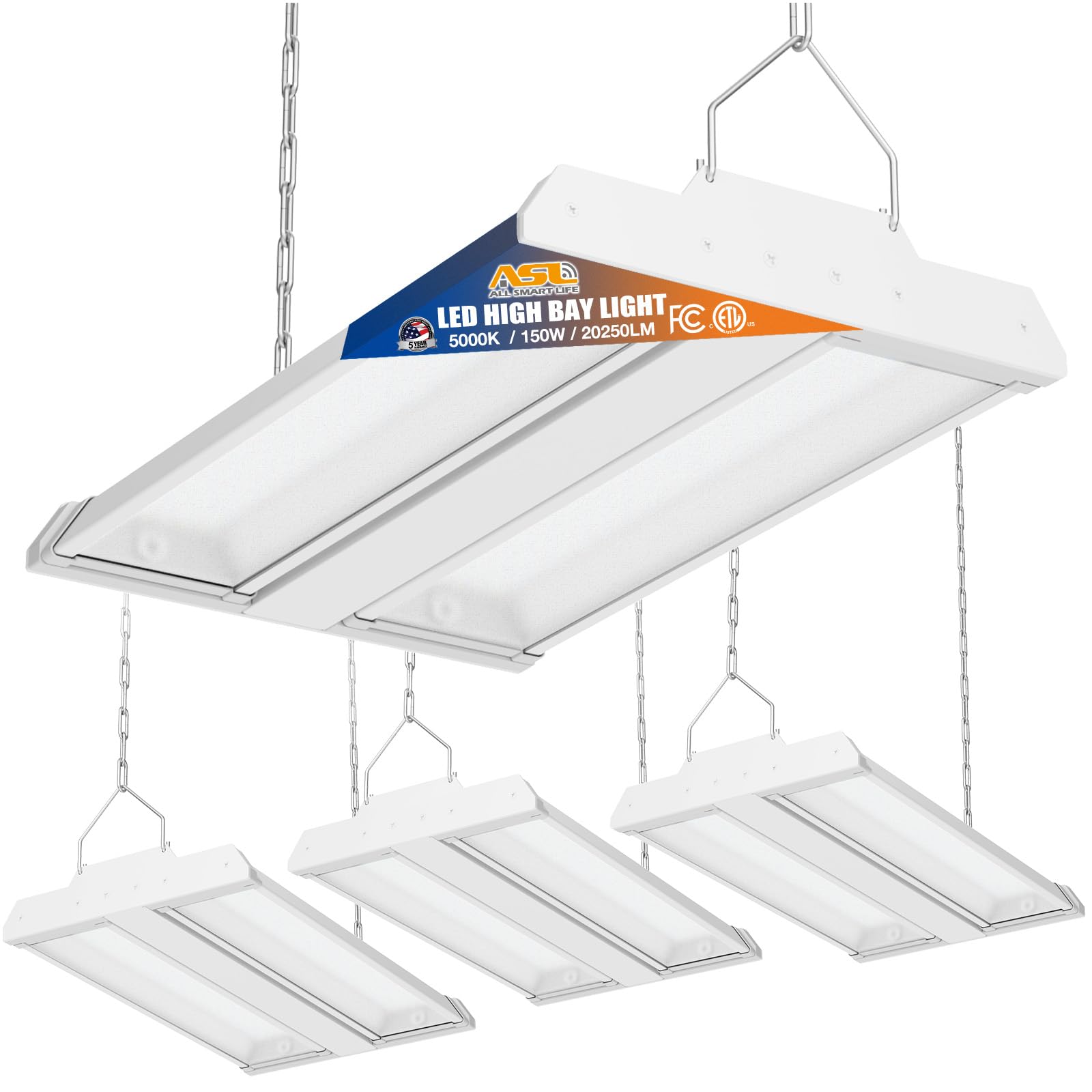 Allsmartlife 150W Led High Bay Light 4-Pack, Dimmable 5000K, Adjustable For Garage & Warehouse