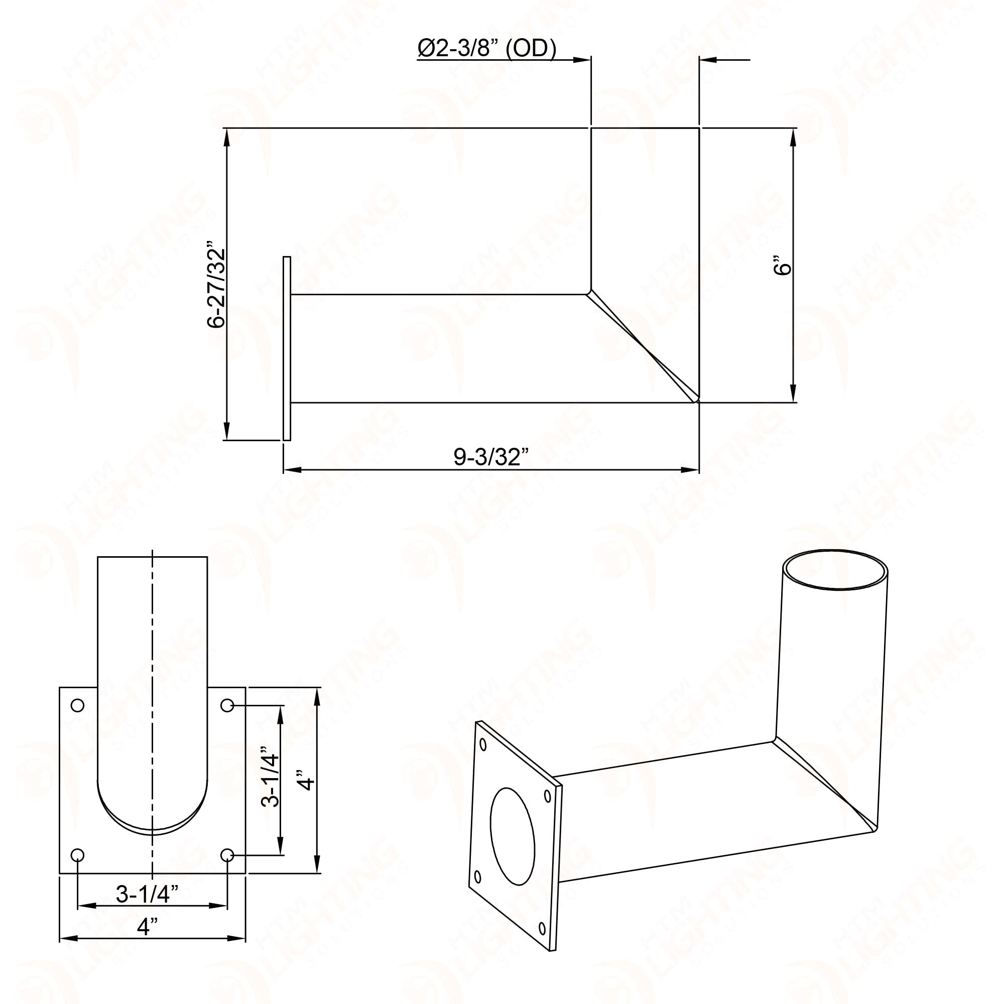 HTM LIGHTING SOLUTIONS 90 Degree Wall Mount Bracket, L-Shape, Bronze Finish, 2-3/8in Vertical Tenon, Model WM-SP-D-V2-1P