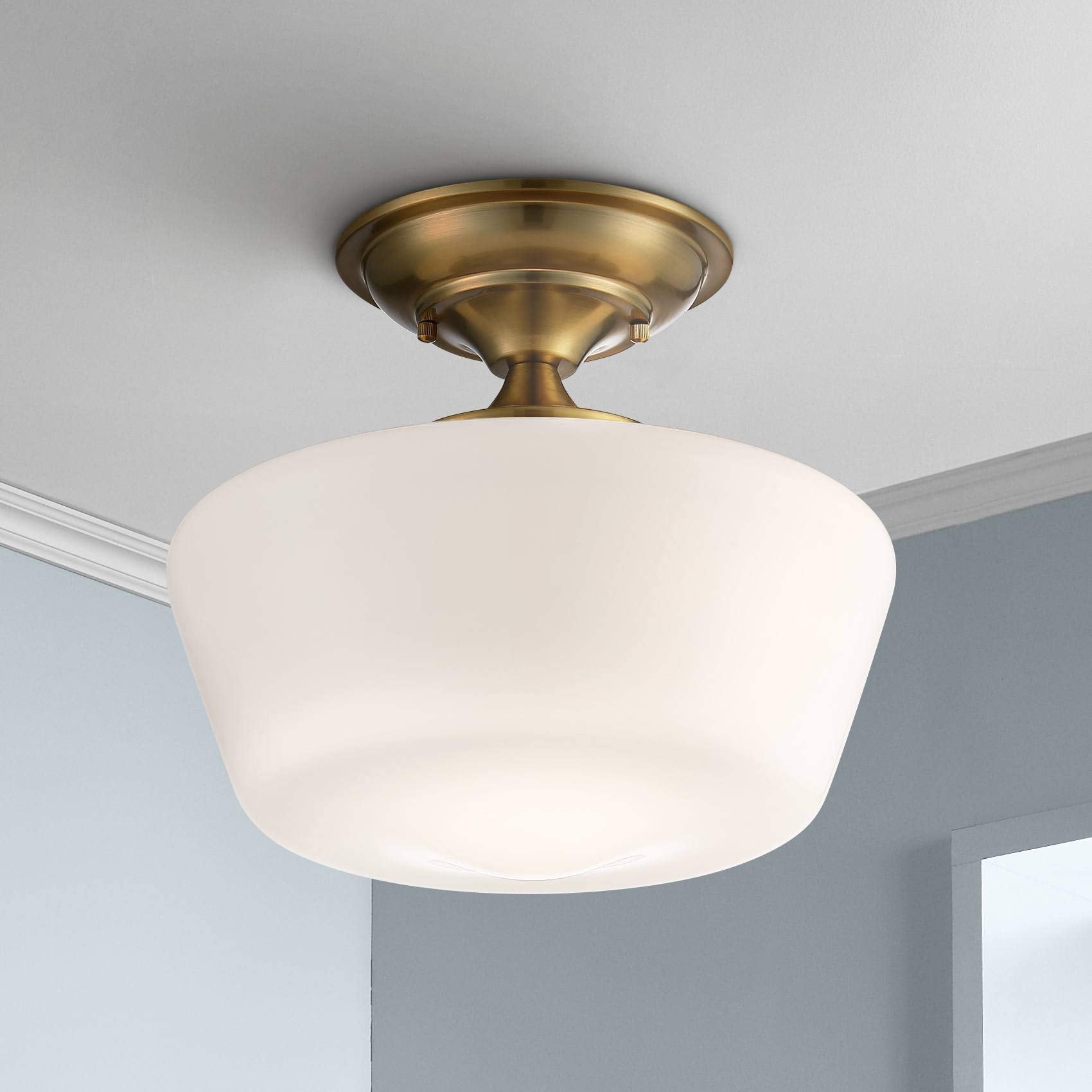 Regency Hill Semi Flush-Mount Ceiling Light - Rustic Farmhouse Design, 12in Wide, Soft Gold with Opal White Glass