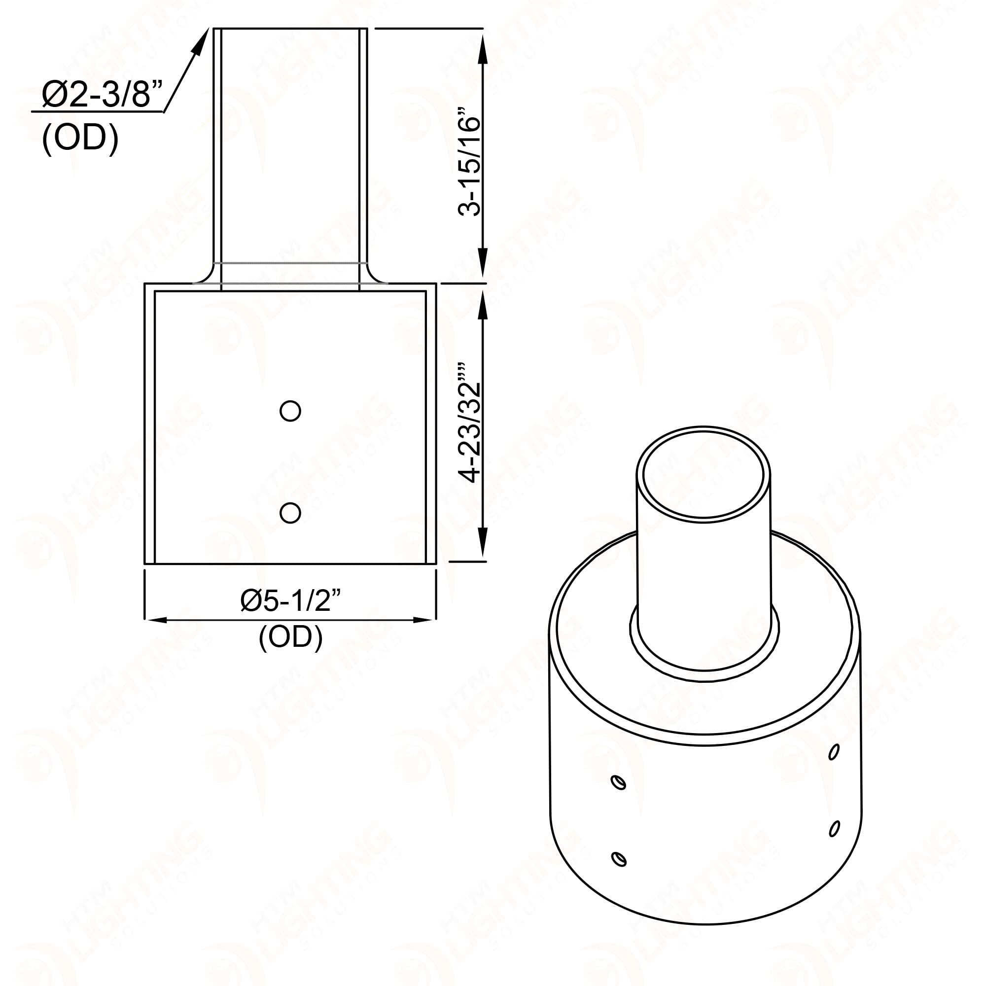 5In Round Pole Mount Bracket Tenon Adaptor With 2-3/8In Single Vertical Tenon For Slip Fitter Mount Outdoor Street Light, Parkin
