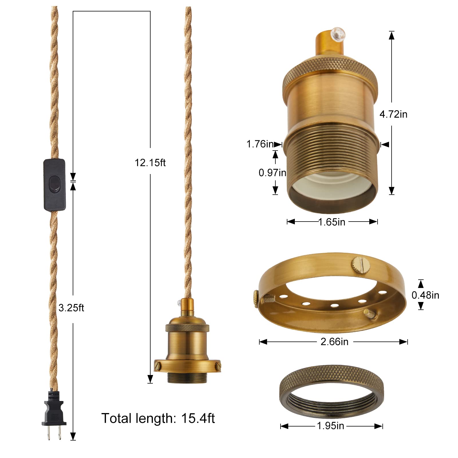 GNOLAK Pendant Light Cord Kit, 15.4ft Industrial E26 Socket, Hemp Rope, Pearl Black, Model CTMSTD, Plug-in with Switch